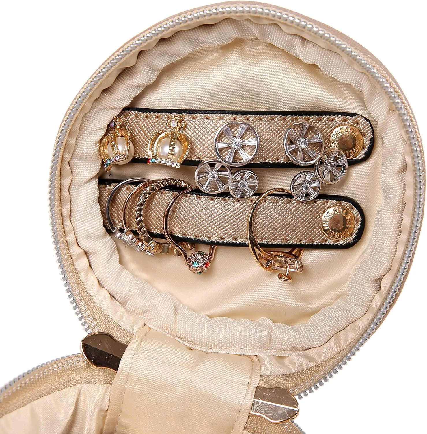 Angelina's Palace Round Jewelry Organizer Case Travel Bag Bridesmaid Gifts Vegan Leather Box for Necklace Earring Bracelet Ring(champagne)
