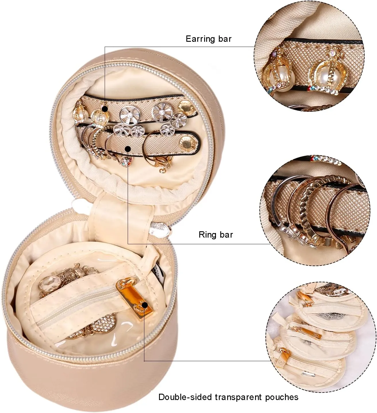 Angelina's Palace Round Jewelry Organizer Case Travel Bag Bridesmaid Gifts Vegan Leather Box for Necklace Earring Bracelet Ring(champagne)