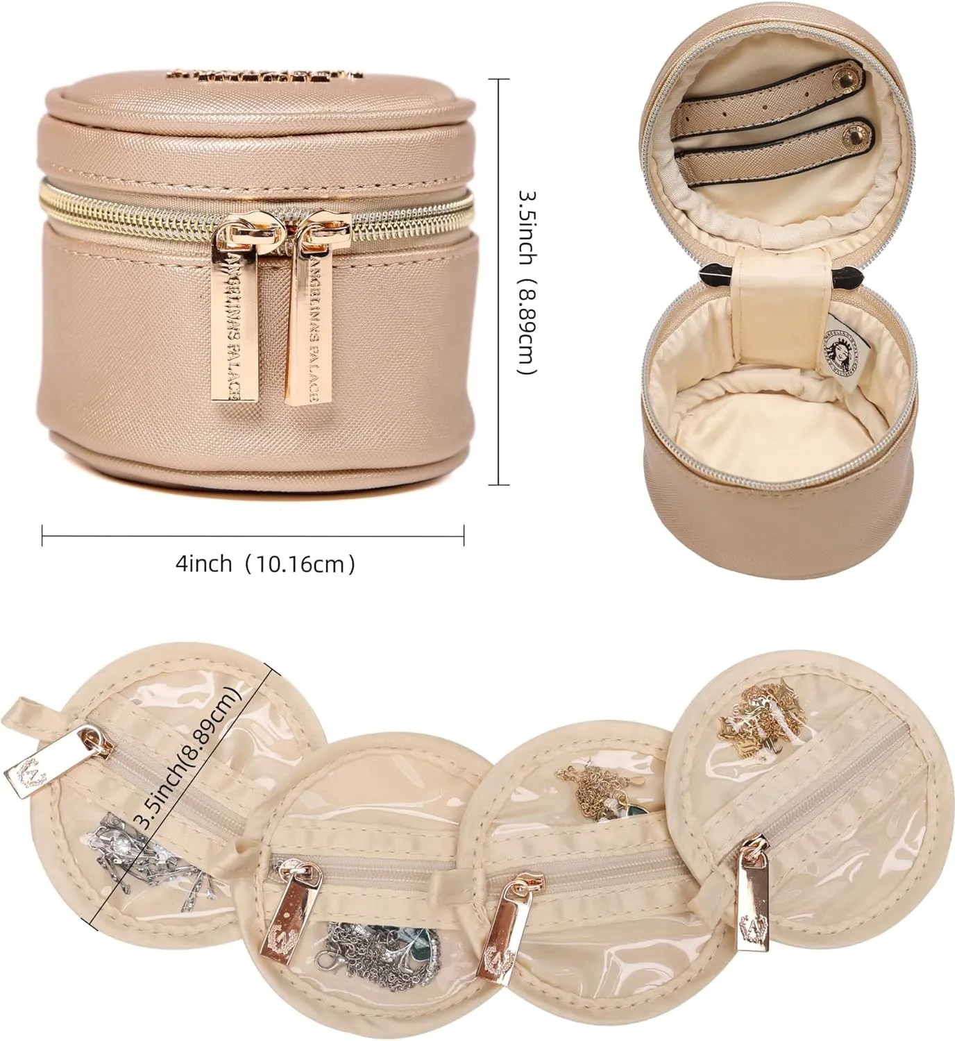 Angelina's Palace Round Jewelry Organizer Case Travel Bag Bridesmaid Gifts Vegan Leather Box for Necklace Earring Bracelet Ring(champagne)