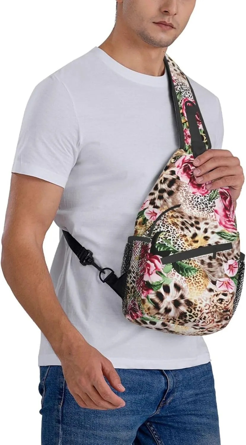Animal Tiger Leopard Print Rose Flower Unisex Casual Diagonal Chest Bag,Multipurpose Crossbody Shoulder Bag Travel Hiking Daypack