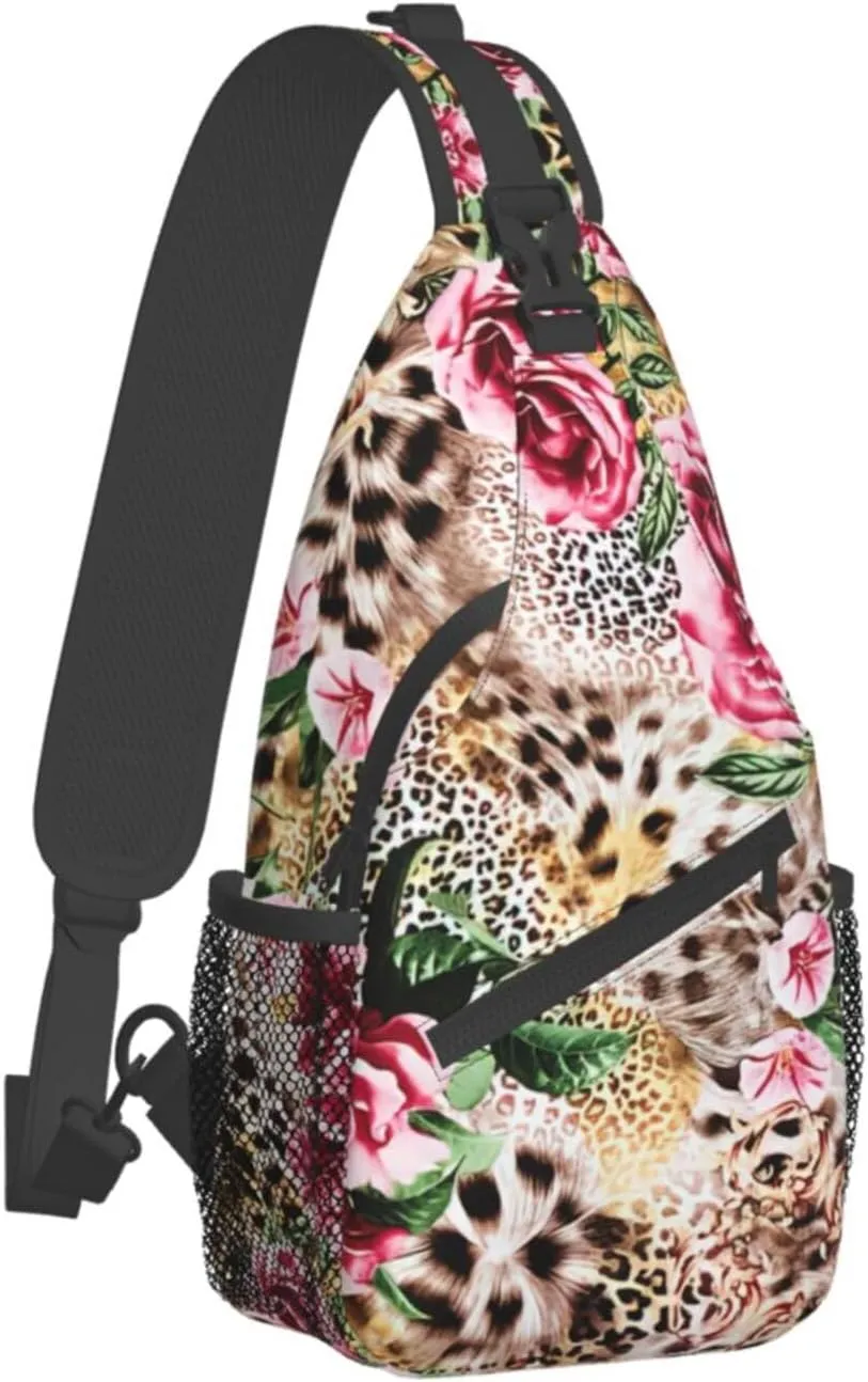 Animal Tiger Leopard Print Rose Flower Unisex Casual Diagonal Chest Bag,Multipurpose Crossbody Shoulder Bag Travel Hiking Daypack