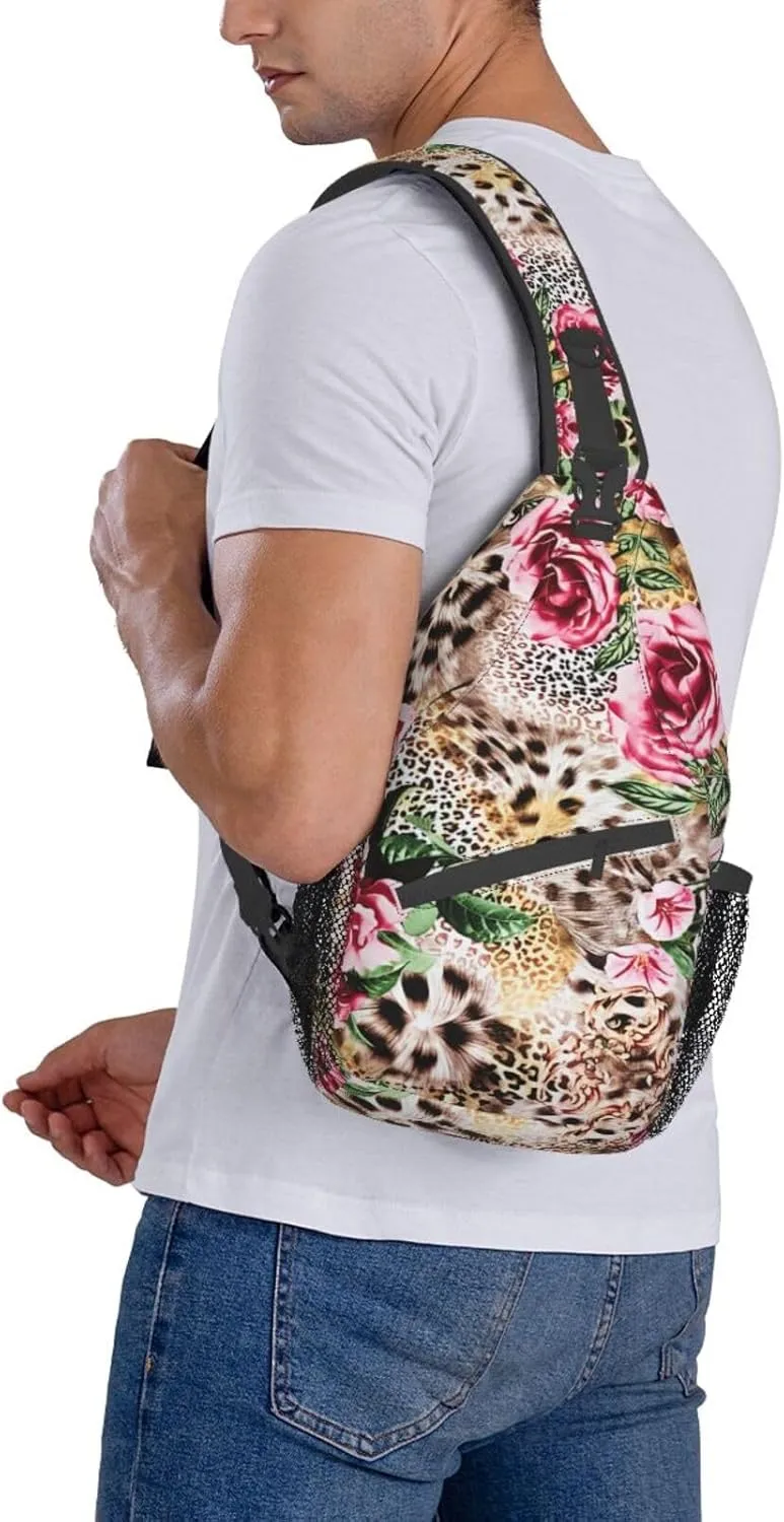 Animal Tiger Leopard Print Rose Flower Unisex Casual Diagonal Chest Bag,Multipurpose Crossbody Shoulder Bag Travel Hiking Daypack
