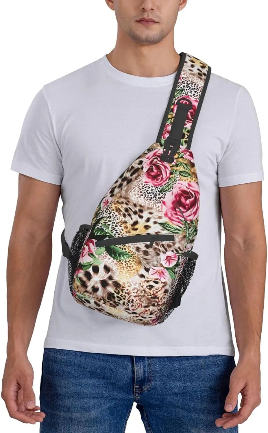 Animal Tiger Leopard Print Rose Flower Unisex Casual Diagonal Chest Bag,Multipurpose Crossbody Shoulder Bag Travel Hiking Daypack