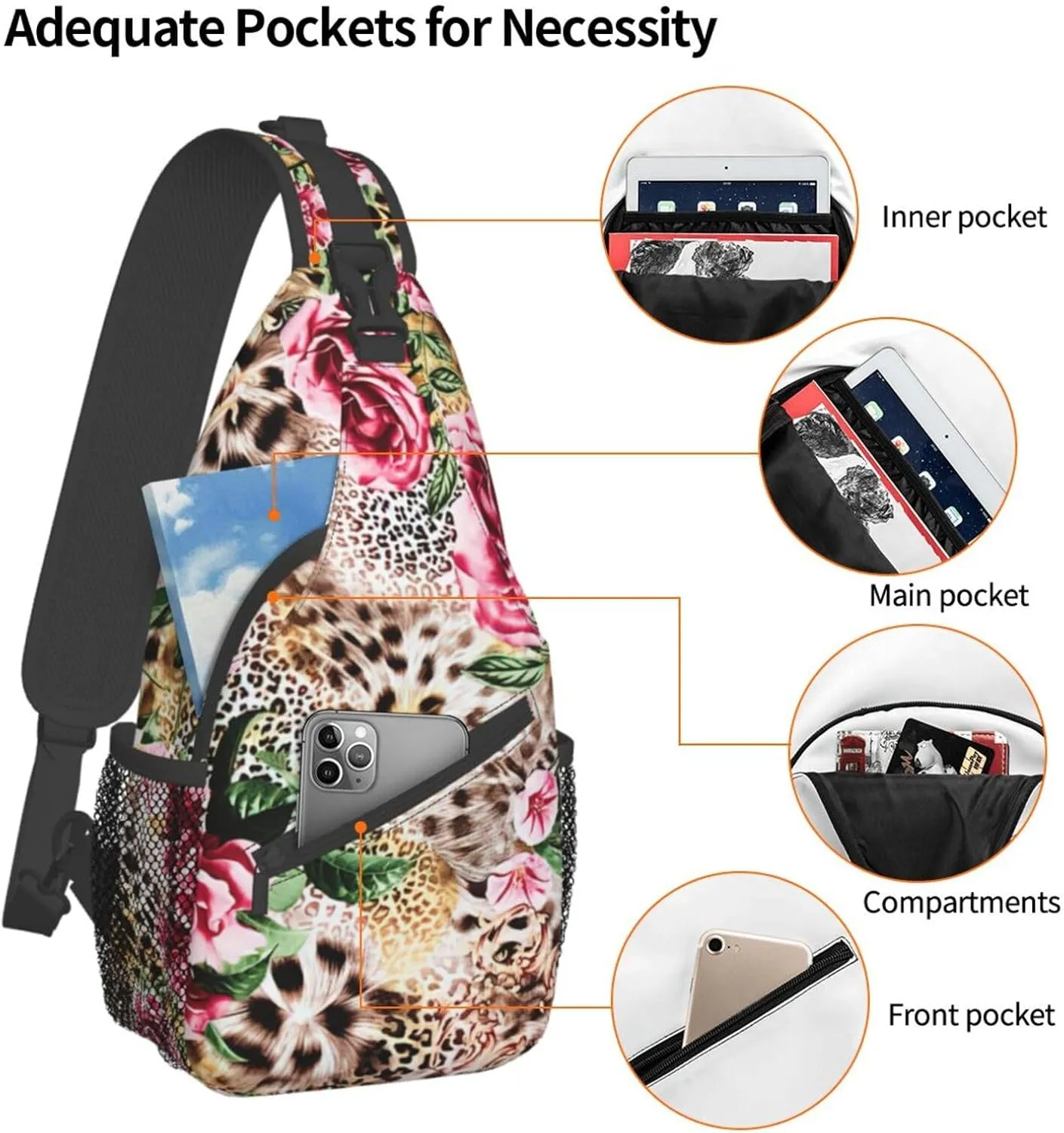 Animal Tiger Leopard Print Rose Flower Unisex Casual Diagonal Chest Bag,Multipurpose Crossbody Shoulder Bag Travel Hiking Daypack