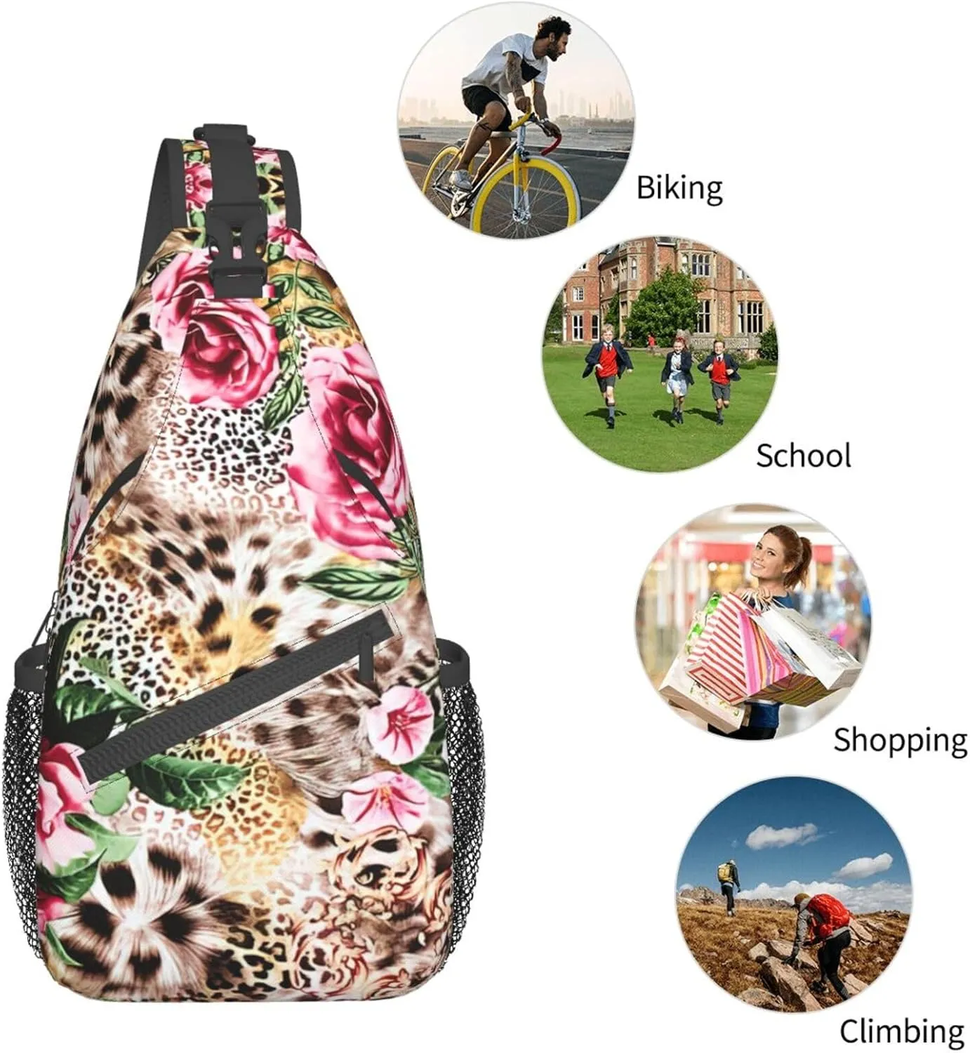 Animal Tiger Leopard Print Rose Flower Unisex Casual Diagonal Chest Bag,Multipurpose Crossbody Shoulder Bag Travel Hiking Daypack