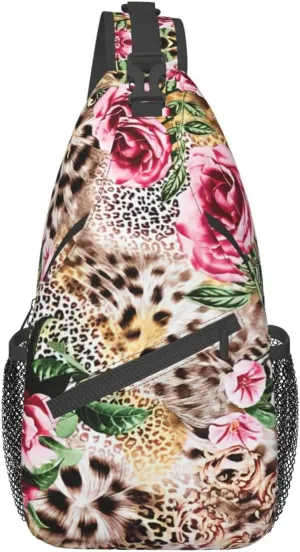 Animal Tiger Leopard Print Rose Flower Unisex Casual Diagonal Chest Bag,Multipurpose Crossbody Shoulder Bag Travel Hiking Daypack