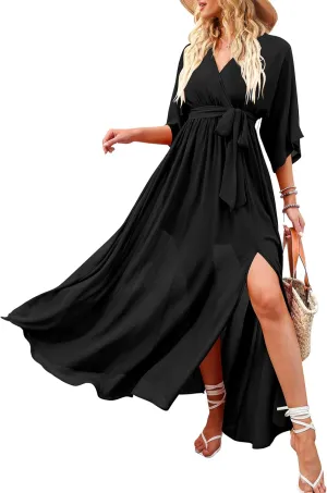 ANRABESS Women’s Summer Loose Boho Flowy Wrap V Neck 3/4 Sleeve Floral Print Slit Beach Wedding Guest Long Maxi Dresses