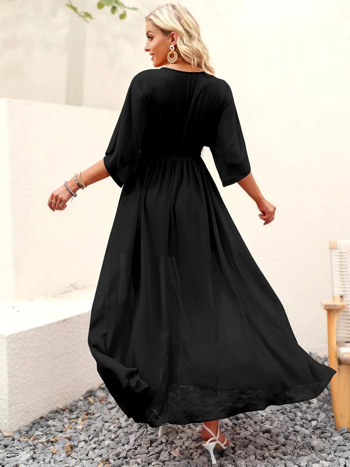 ANRABESS Women’s Summer Loose Boho Flowy Wrap V Neck 3/4 Sleeve Floral Print Slit Beach Wedding Guest Long Maxi Dresses