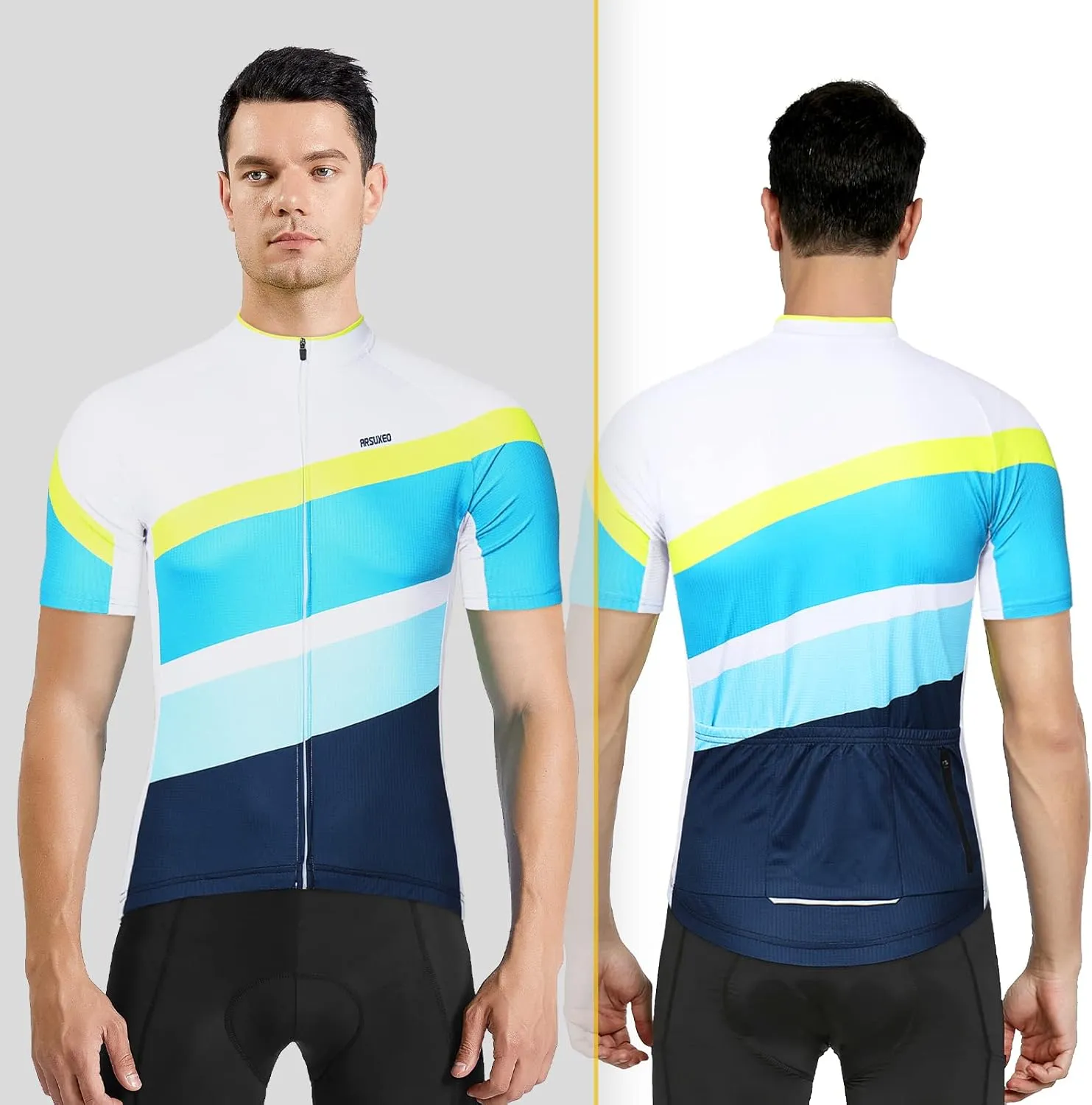 ARSUXEO Men's Cycling Jersey Short Sleeves Mountain Bike Shirt MTB Top Zipper Pockets Reflective