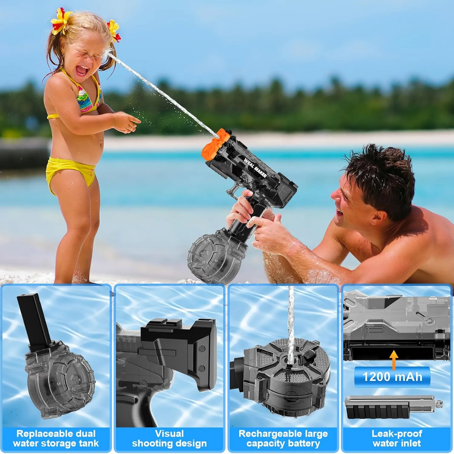 artcool Stronger Electric Water Gun for Kid/Aldult,Transparent Automatic Squirt Guns High Powered IP67 Waterproof, Water Guns with 400 Ammos for Outdoor Summer Beach Pool （Black）