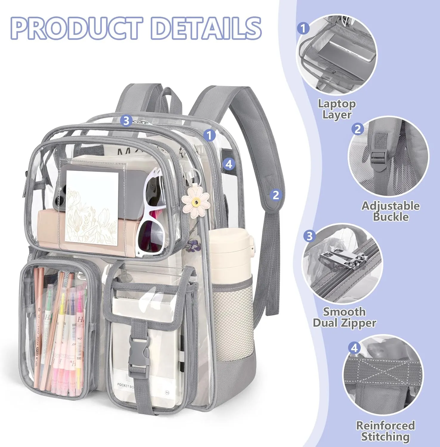 Attmu Clear Backpack, Heavy Duty PVC Clear Bag for Stadium Events with Shoulder Straps, Large Bookbag with Dual Zippered Compartments & Mesh Side Pockets for School, Travel, College, Work(Gray)
