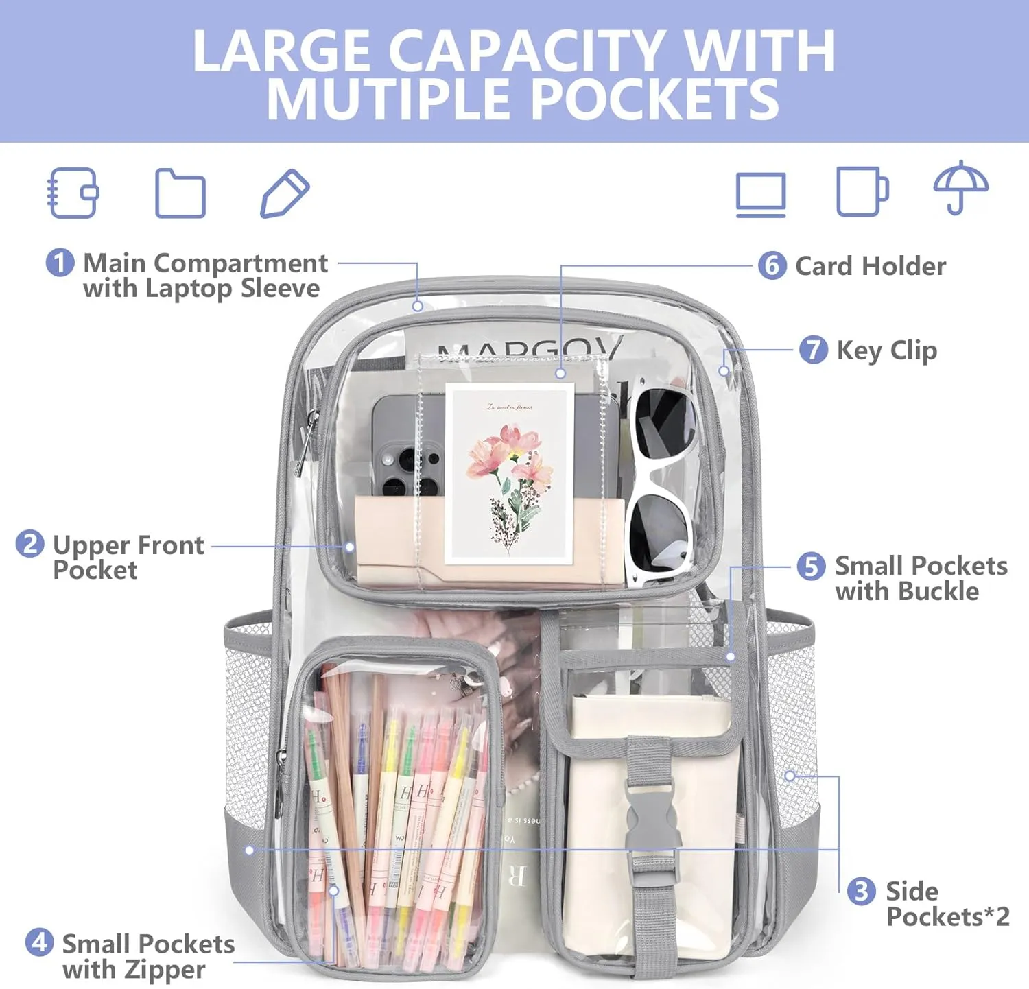 Attmu Clear Backpack, Heavy Duty PVC Clear Bag for Stadium Events with Shoulder Straps, Large Bookbag with Dual Zippered Compartments & Mesh Side Pockets for School, Travel, College, Work(Gray)