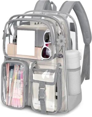 Attmu Clear Backpack, Heavy Duty PVC Clear Bag for Stadium Events with Shoulder Straps, Large Bookbag with Dual Zippered Compartments & Mesh Side Pockets for School, Travel, College, Work(Gray)