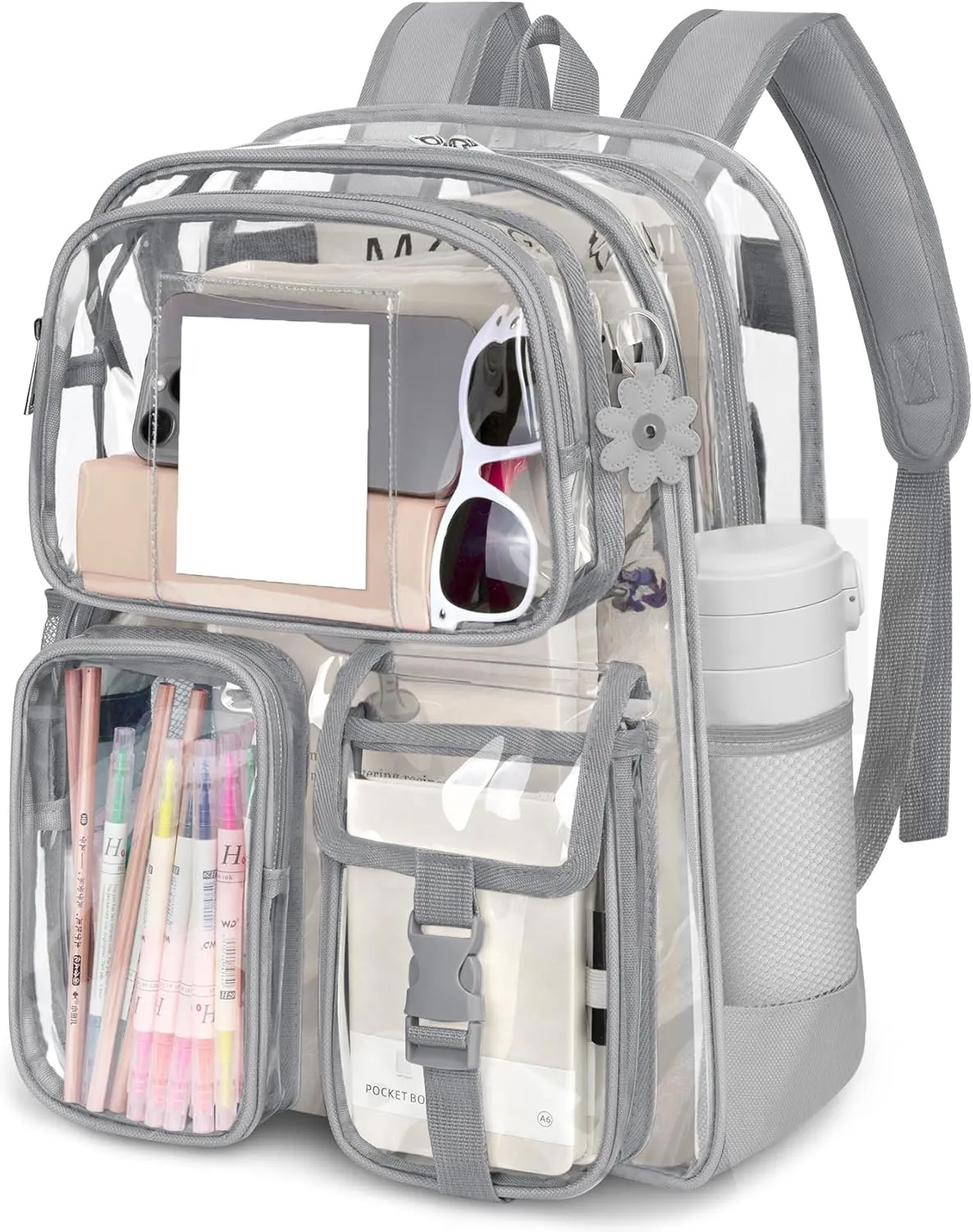 Attmu Clear Backpack, Heavy Duty PVC Clear Bag for Stadium Events with Shoulder Straps, Large Bookbag with Dual Zippered Compartments & Mesh Side Pockets for School, Travel, College, Work(Gray)
