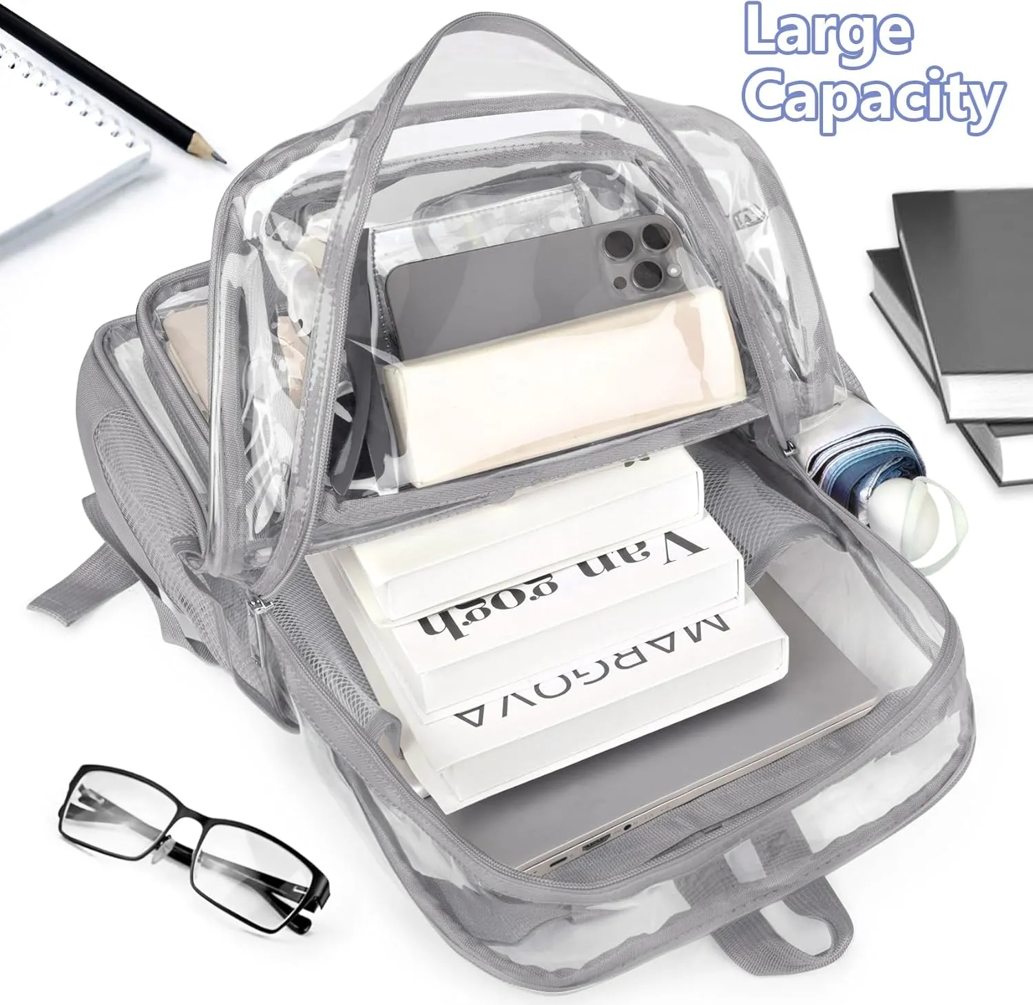 Attmu Clear Backpack, Heavy Duty PVC Clear Bag for Stadium Events with Shoulder Straps, Large Bookbag with Dual Zippered Compartments & Mesh Side Pockets for School, Travel, College, Work(Gray)