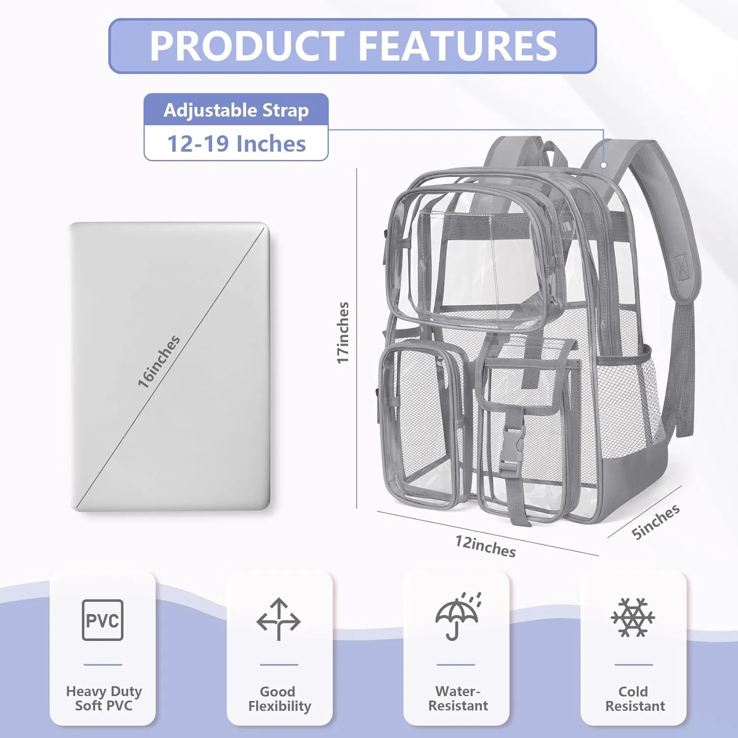 Attmu Clear Backpack, Heavy Duty PVC Clear Bag for Stadium Events with Shoulder Straps, Large Bookbag with Dual Zippered Compartments & Mesh Side Pockets for School, Travel, College, Work(Gray)