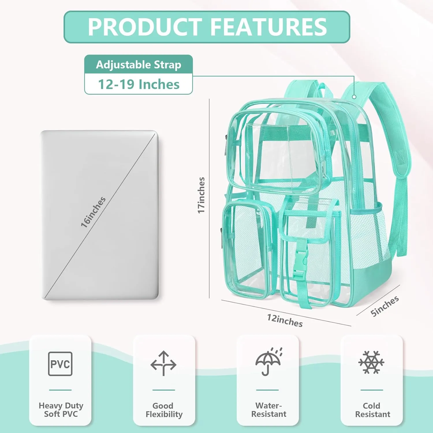 Attmu Clear Backpack, Heavy Duty PVC Clear Bag for Stadium Events with Shoulder Straps, Large Bookbag with Dual Zippered Compartments & Mesh Side Pockets for School, Travel, College, Work(Green)