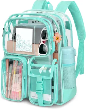Attmu Clear Backpack, Heavy Duty PVC Clear Bag for Stadium Events with Shoulder Straps, Large Bookbag with Dual Zippered Compartments & Mesh Side Pockets for School, Travel, College, Work(Green)