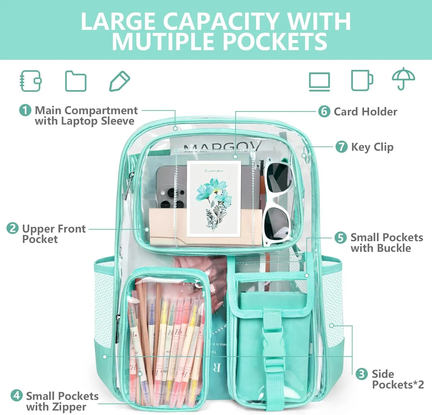 Attmu Clear Backpack, Heavy Duty PVC Clear Bag for Stadium Events with Shoulder Straps, Large Bookbag with Dual Zippered Compartments & Mesh Side Pockets for School, Travel, College, Work(Green)