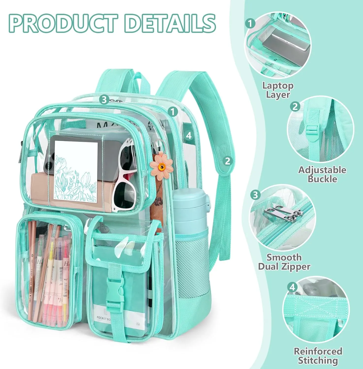 Attmu Clear Backpack, Heavy Duty PVC Clear Bag for Stadium Events with Shoulder Straps, Large Bookbag with Dual Zippered Compartments & Mesh Side Pockets for School, Travel, College, Work(Green)