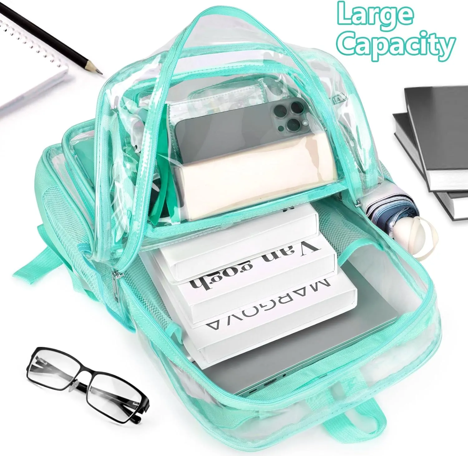 Attmu Clear Backpack, Heavy Duty PVC Clear Bag for Stadium Events with Shoulder Straps, Large Bookbag with Dual Zippered Compartments & Mesh Side Pockets for School, Travel, College, Work(Green)