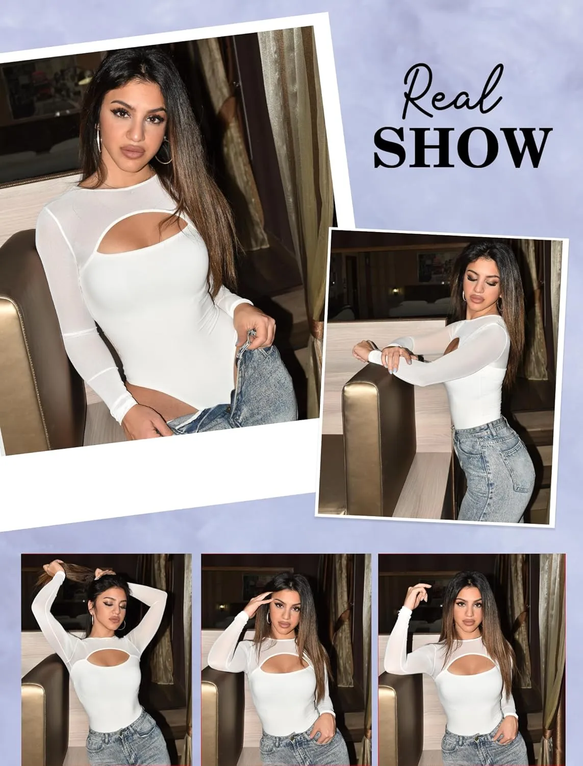 Avidlove Bodysuits for Women Round Neck Shapewear Bodysuit Long Sleeve Bodysuit Sexy Mesh Top Double Lined Cutout Shirt