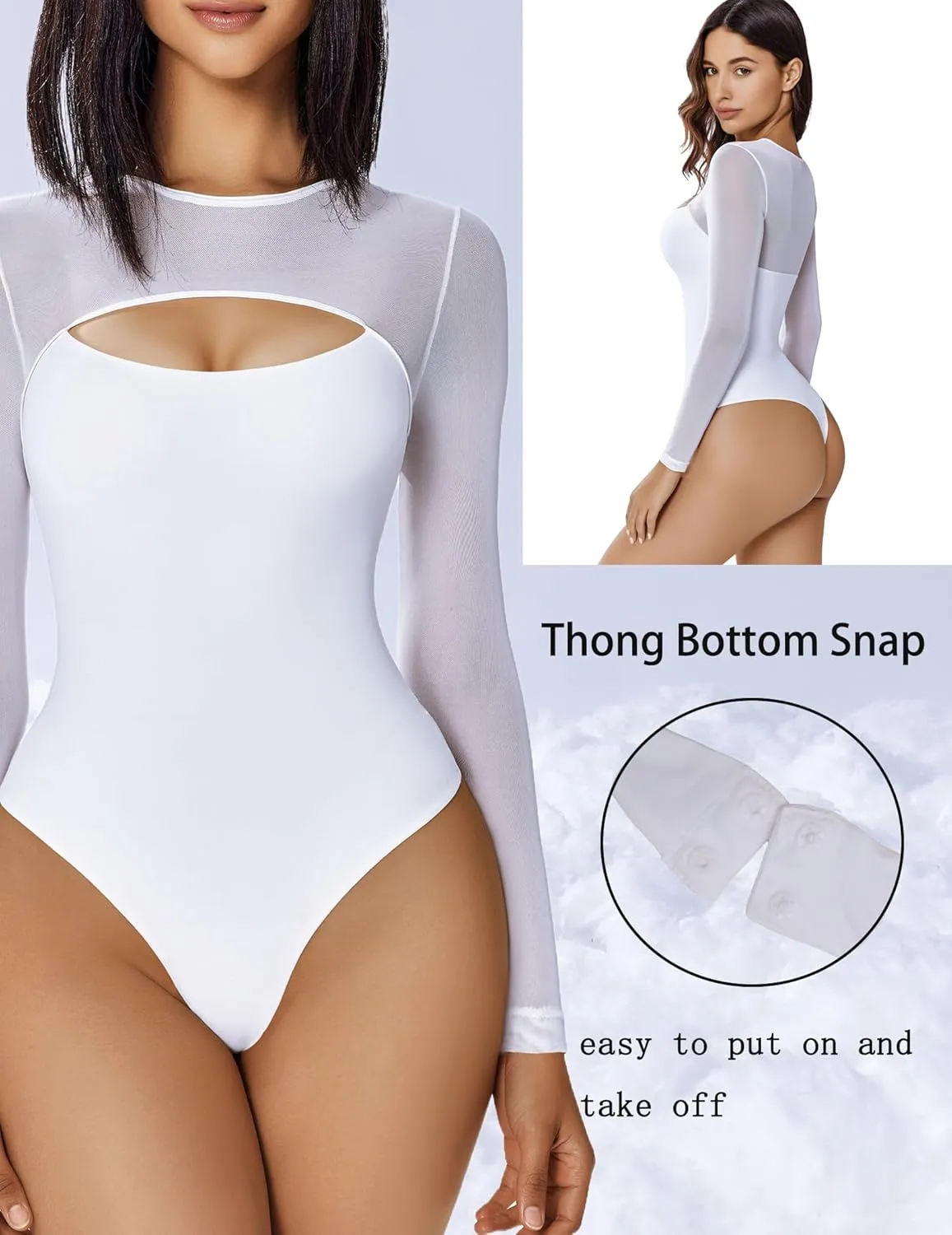 Avidlove Bodysuits for Women Round Neck Shapewear Bodysuit Long Sleeve Bodysuit Sexy Mesh Top Double Lined Cutout Shirt