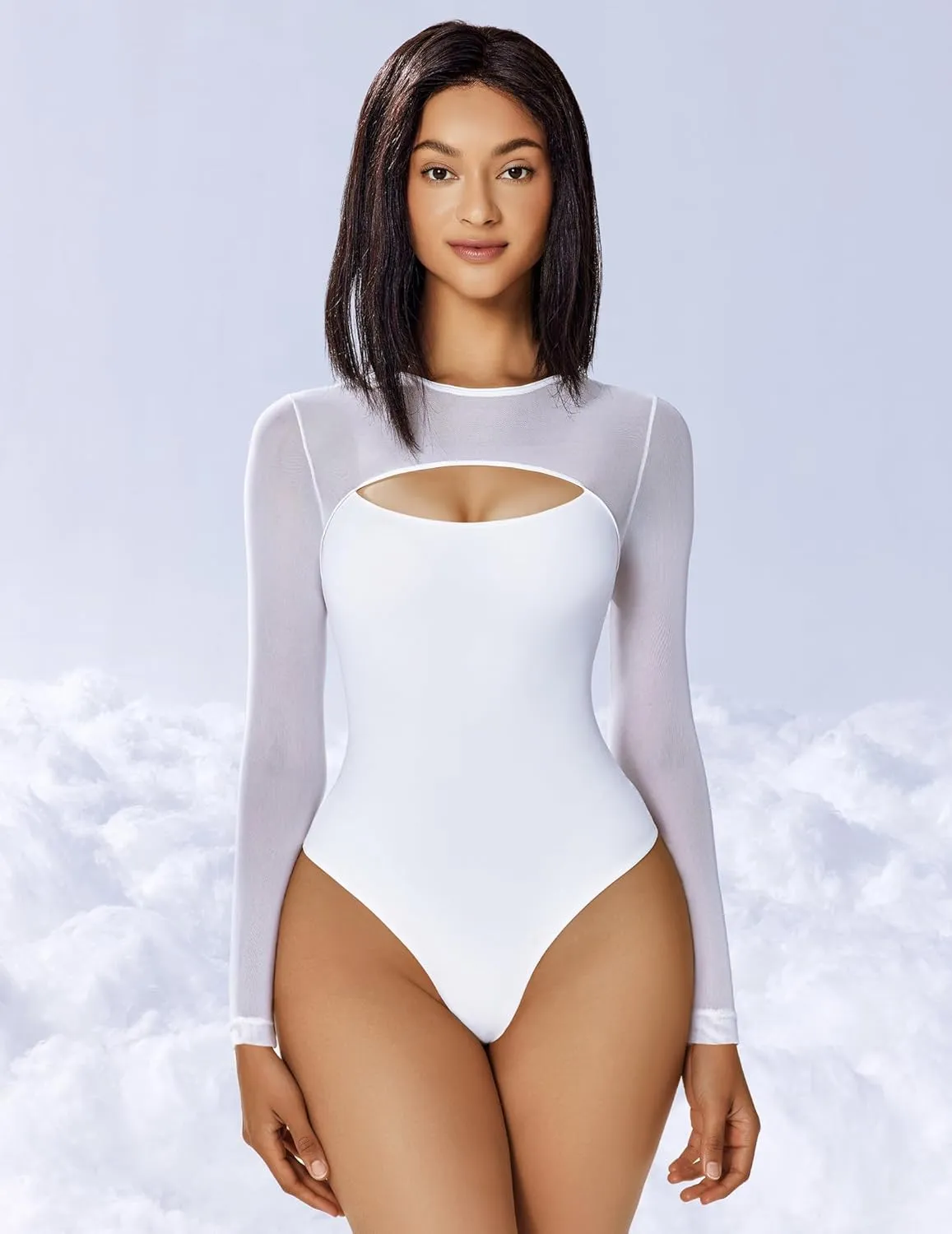 Avidlove Bodysuits for Women Round Neck Shapewear Bodysuit Long Sleeve Bodysuit Sexy Mesh Top Double Lined Cutout Shirt