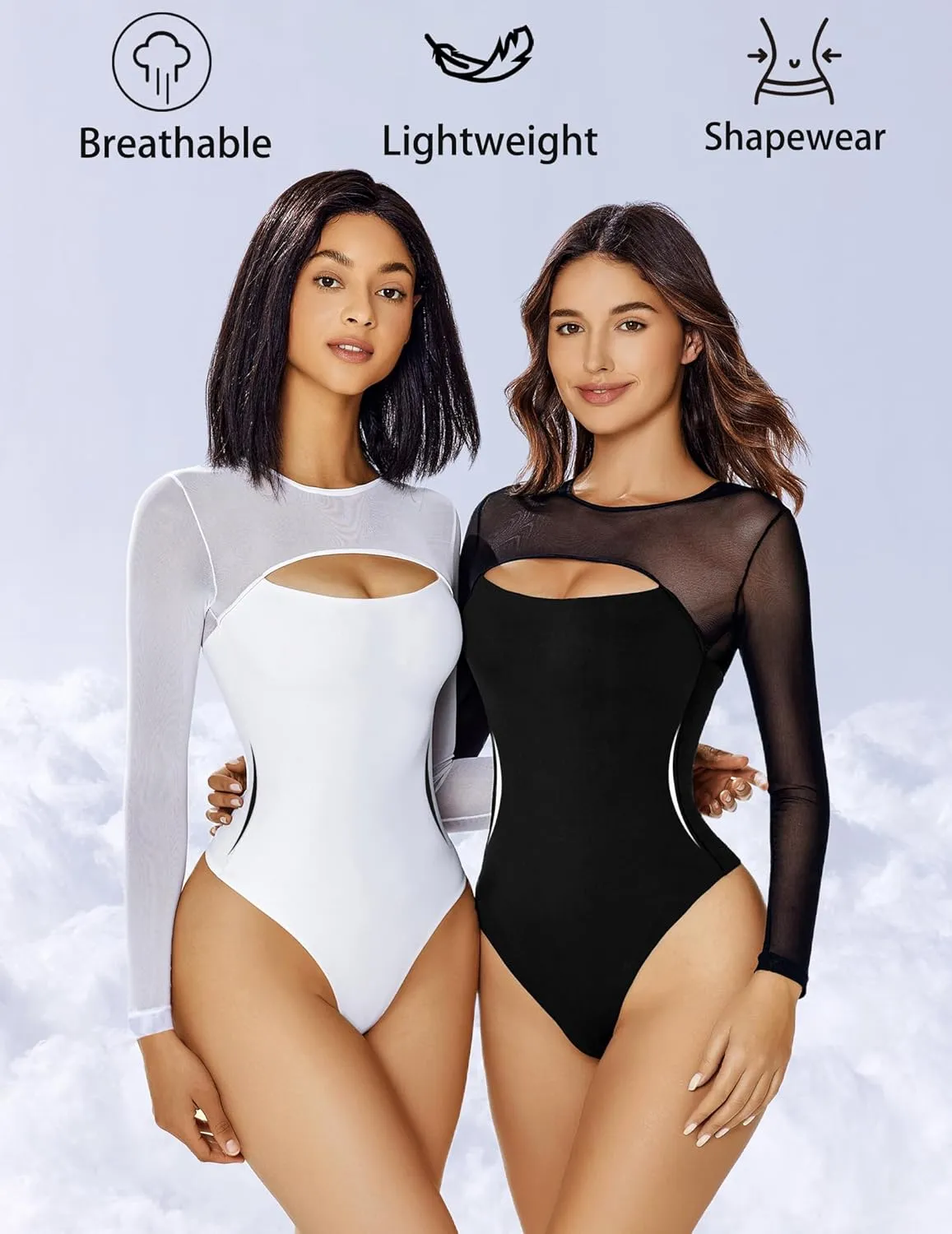 Avidlove Bodysuits for Women Round Neck Shapewear Bodysuit Long Sleeve Bodysuit Sexy Mesh Top Double Lined Cutout Shirt
