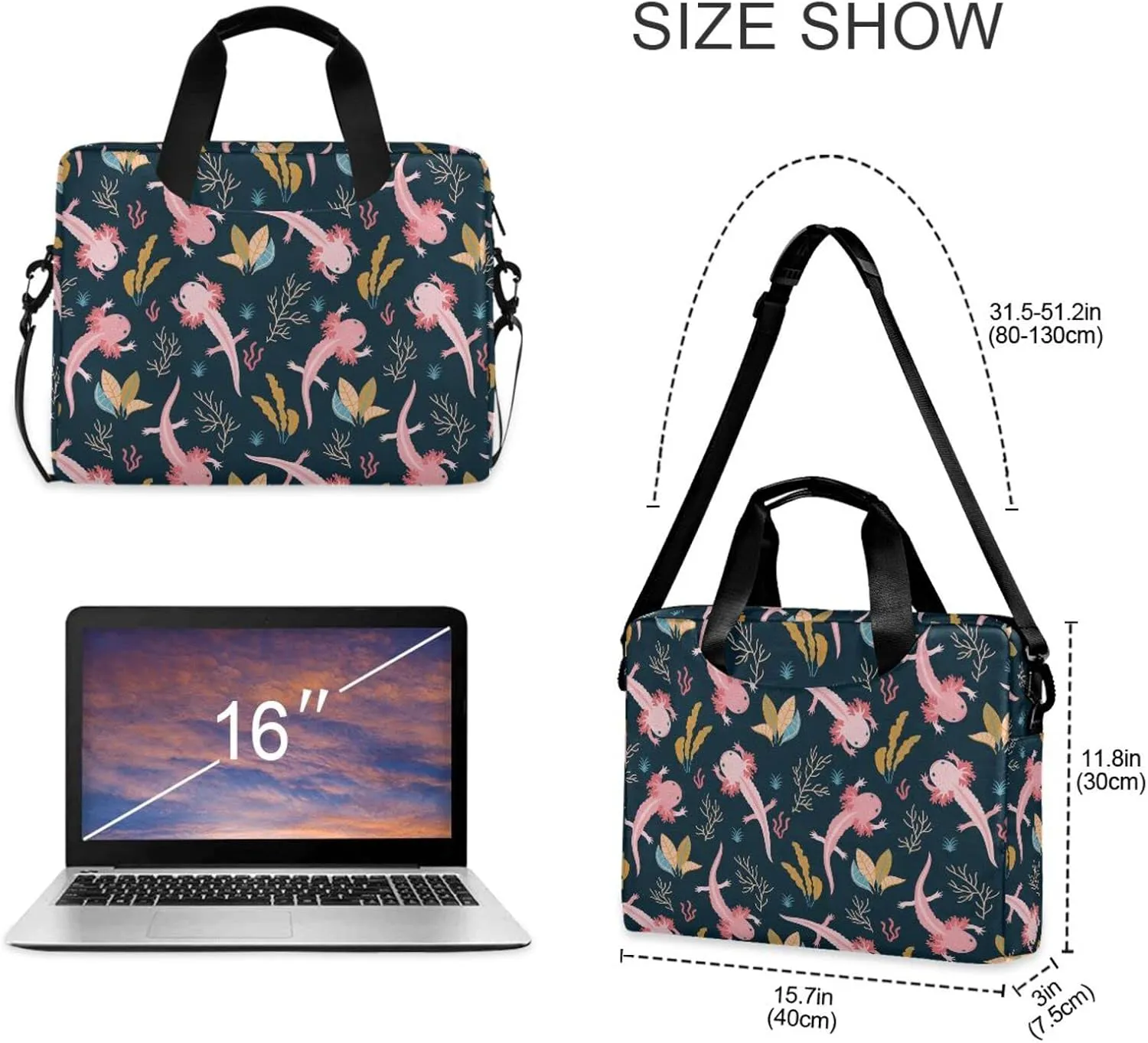 Axolotl & Sea Weed Aquarium Laptop Case 15.6 inch, Cute Laptop Bag, Waterproof Laptop Sleeve, Laptop Briefcase for Women & Men