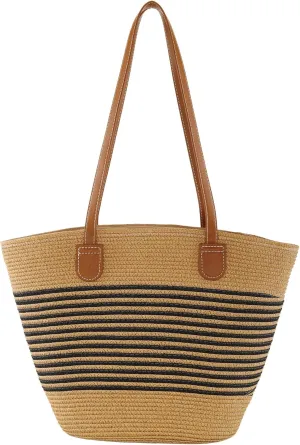Ayliss Women Straw Bag Large Handwoven Summer Beach Tote Shoulder Handbag Purse Striped Handmade Weaving Straw Bag