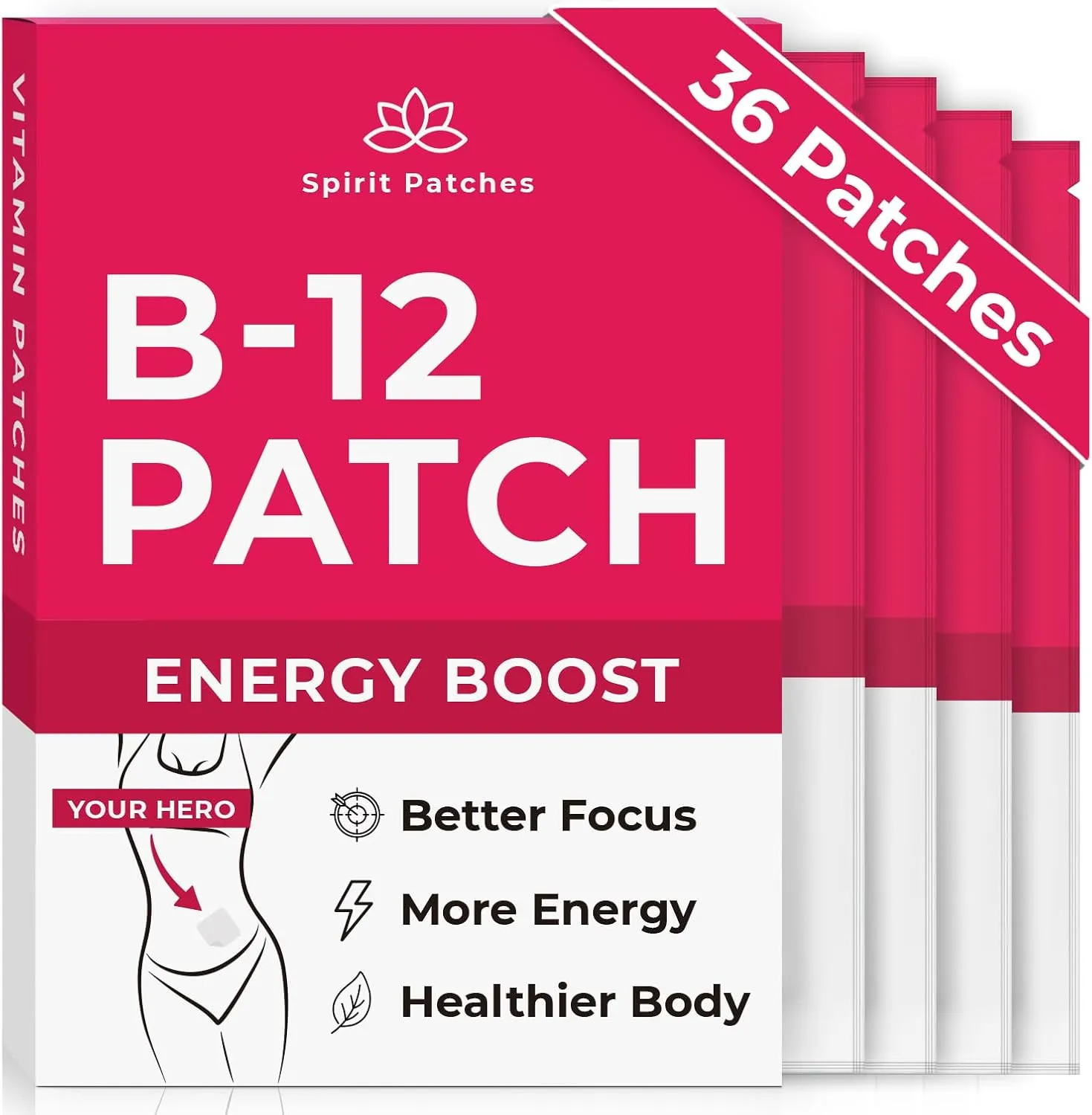 B12 Patches (Pack of 36) - 100% Natural Vitamin Patches for Women, Energy, Focus & Body Support, Self-Adhesive Transparent Patches - Enhanced Formula