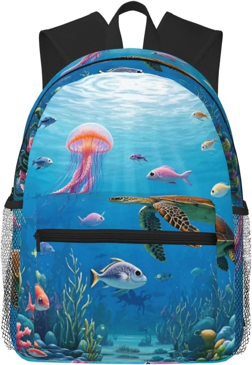 Backpack for Women Men 15.7 in, Lightweight Travel Backpack Waterproof Casual Daypack Laptop Computer Backpacks Carry On Bag Purse for Travel Business Hiking Work, Ocean Turtle Jellyfish Fish Coral