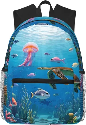 Backpack for Women Men 15.7 in, Lightweight Travel Backpack Waterproof Casual Daypack Laptop Computer Backpacks Carry On Bag Purse for Travel Business Hiking Work, Ocean Turtle Jellyfish Fish Coral