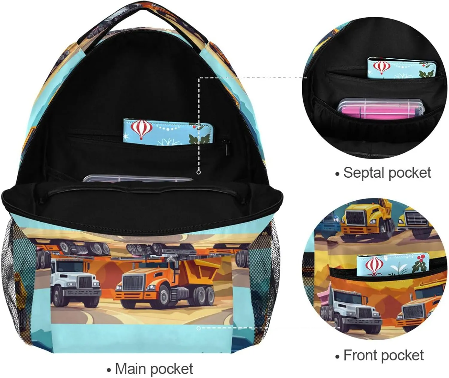 Backpacks for Teens Boys Girls Fashion Stylish Travel Bags with Chest Strap for College Work Construction Truck Cartoon Dump Truck
