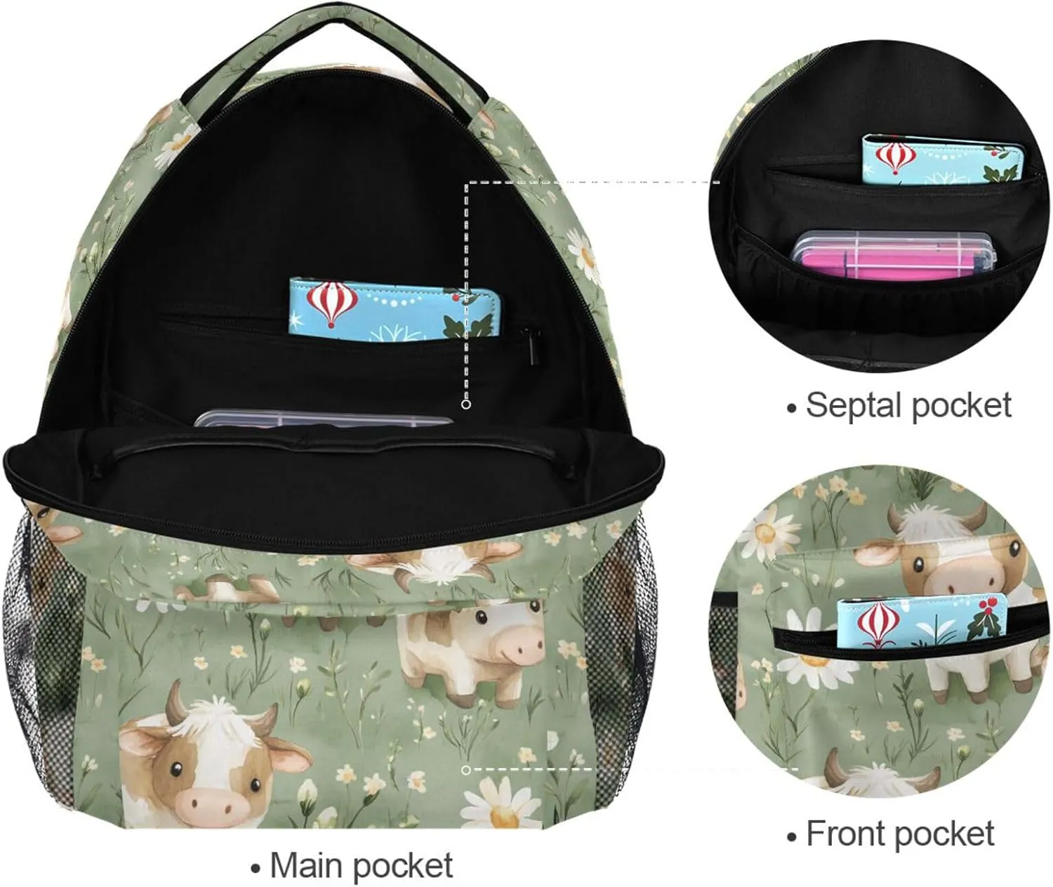 Backpacks for Women Men Fashion Travel Laptop Backpack with Chest Strap for Business Work College Travel Trip Cartoon Sweet Cow Sage Green