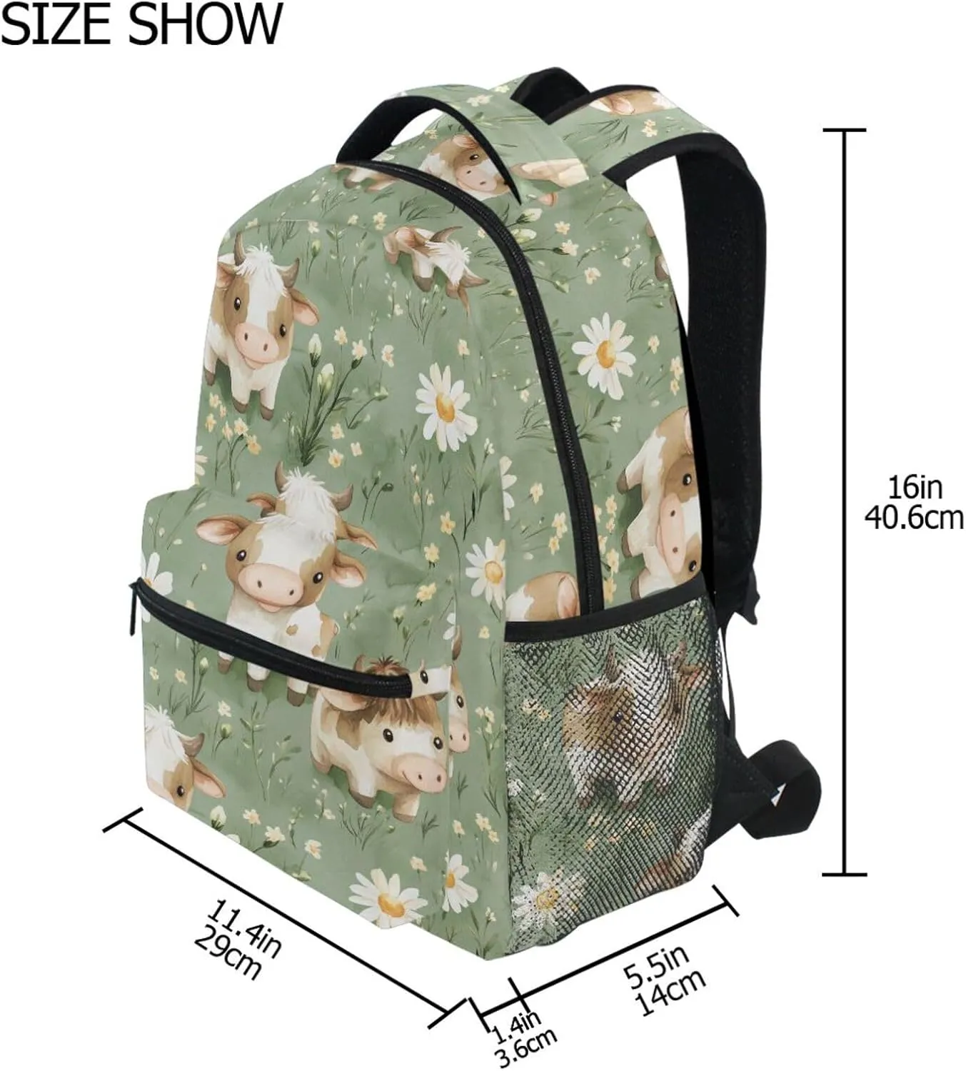 Backpacks for Women Men Fashion Travel Laptop Backpack with Chest Strap for Business Work College Travel Trip Cartoon Sweet Cow Sage Green