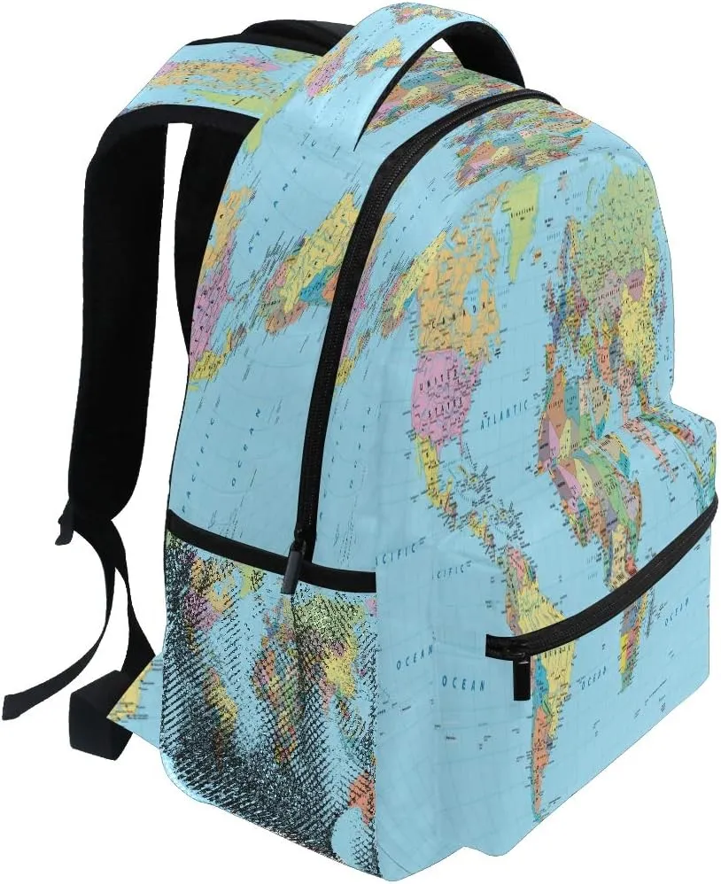 Backpacks Globe World Map School Bag Student Bookbag Adjustable Shoulder Bags Laptop Rucksack Travel Hiking Camping Daypack for Teens Girls Boys Women Men