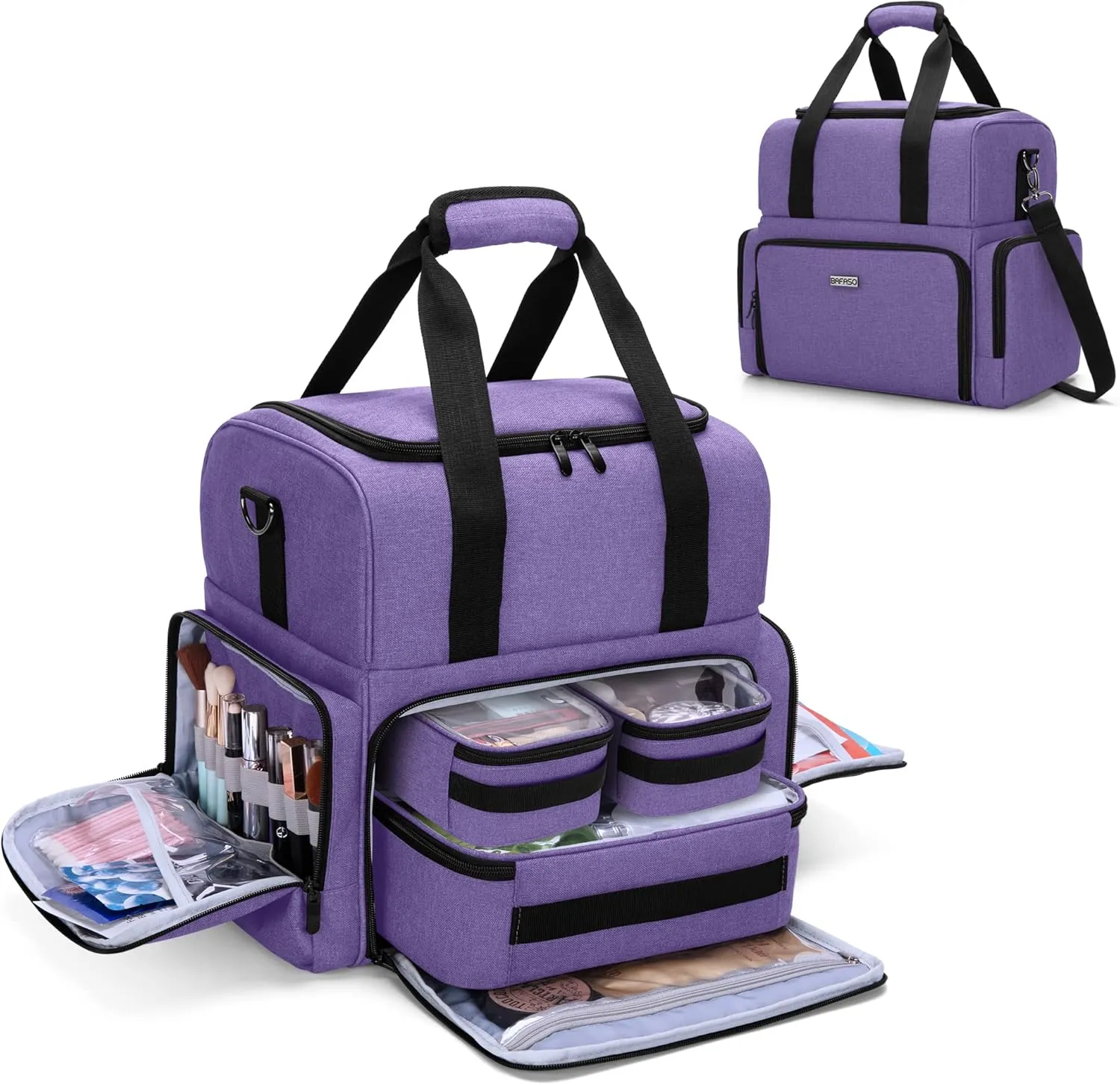 BAFASO 2 Layers Large Travel Makeup Bag with 3 Inner Removable Pouches, Hair Bag Cosmetic Bag Tattoo Carrying Case with Detachable Dividers (Patented), Purple