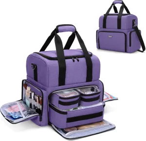 BAFASO 2 Layers Large Travel Makeup Bag with 3 Inner Removable Pouches, Hair Bag Cosmetic Bag Tattoo Carrying Case with Detachable Dividers (Patented), Purple