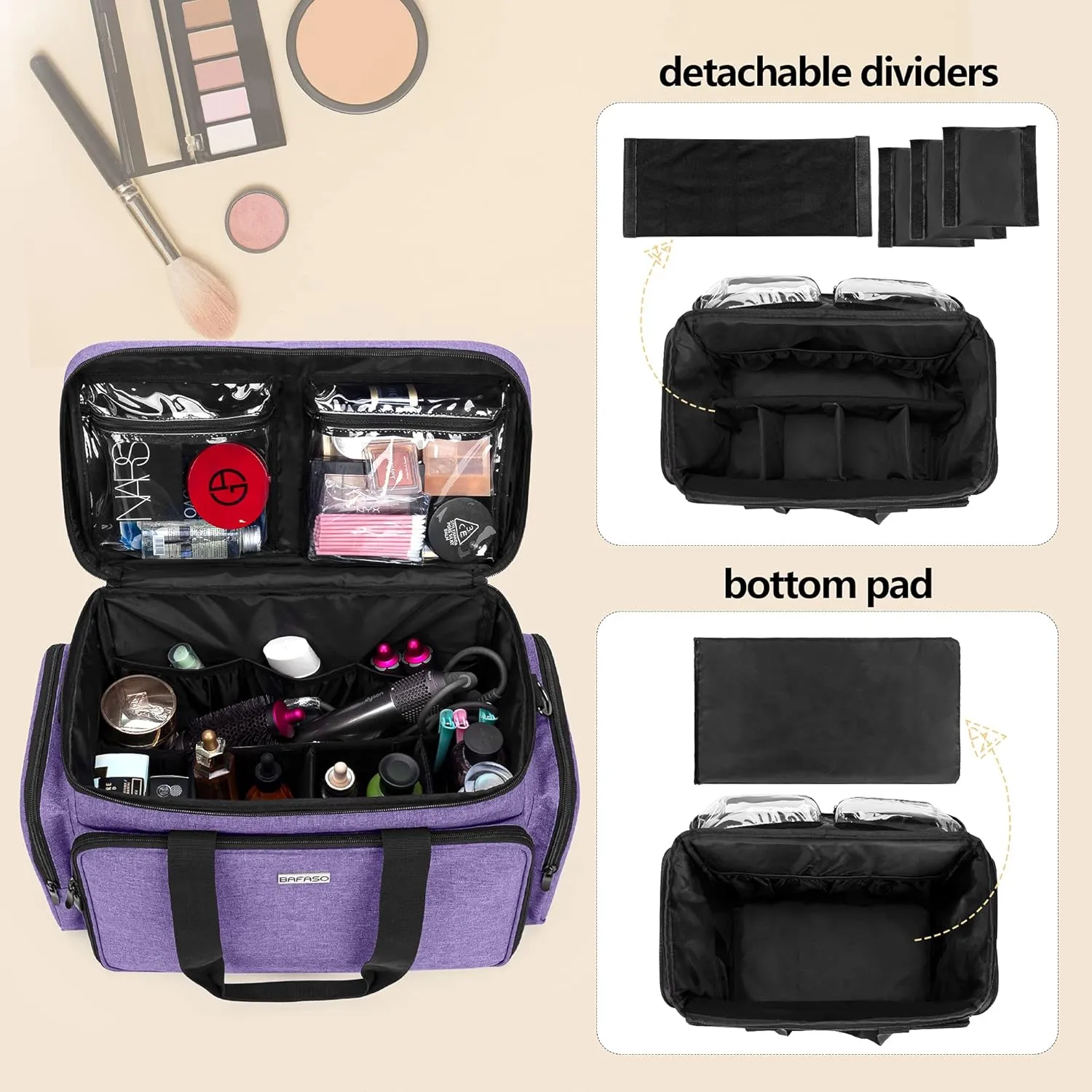 BAFASO Large Makeup Bag Cosmetic Bag with Removable Dividers, Travel Makeup Case Holds Cosmetics and Hair Supplies, Purple