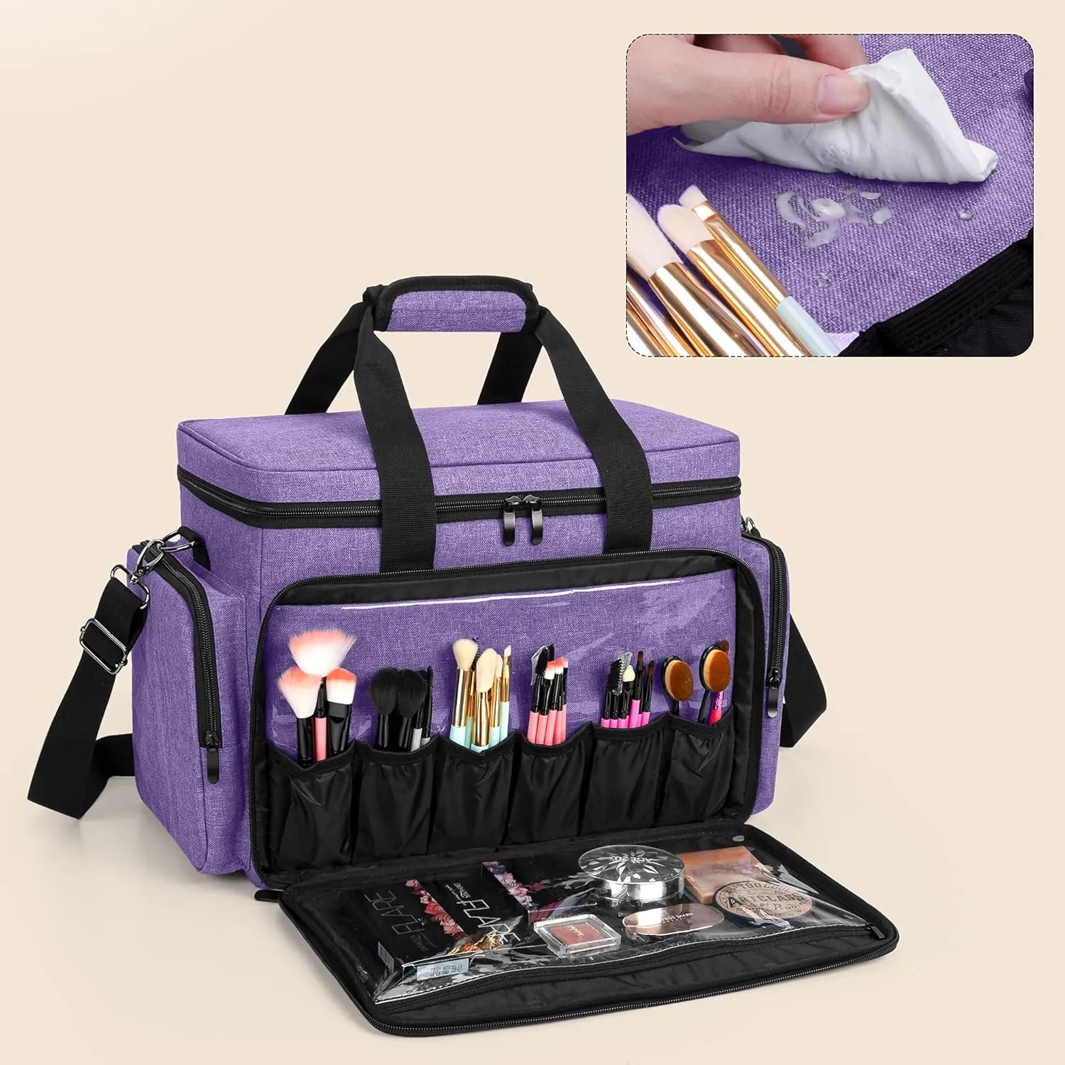 BAFASO Large Makeup Bag Cosmetic Bag with Removable Dividers, Travel Makeup Case Holds Cosmetics and Hair Supplies, Purple