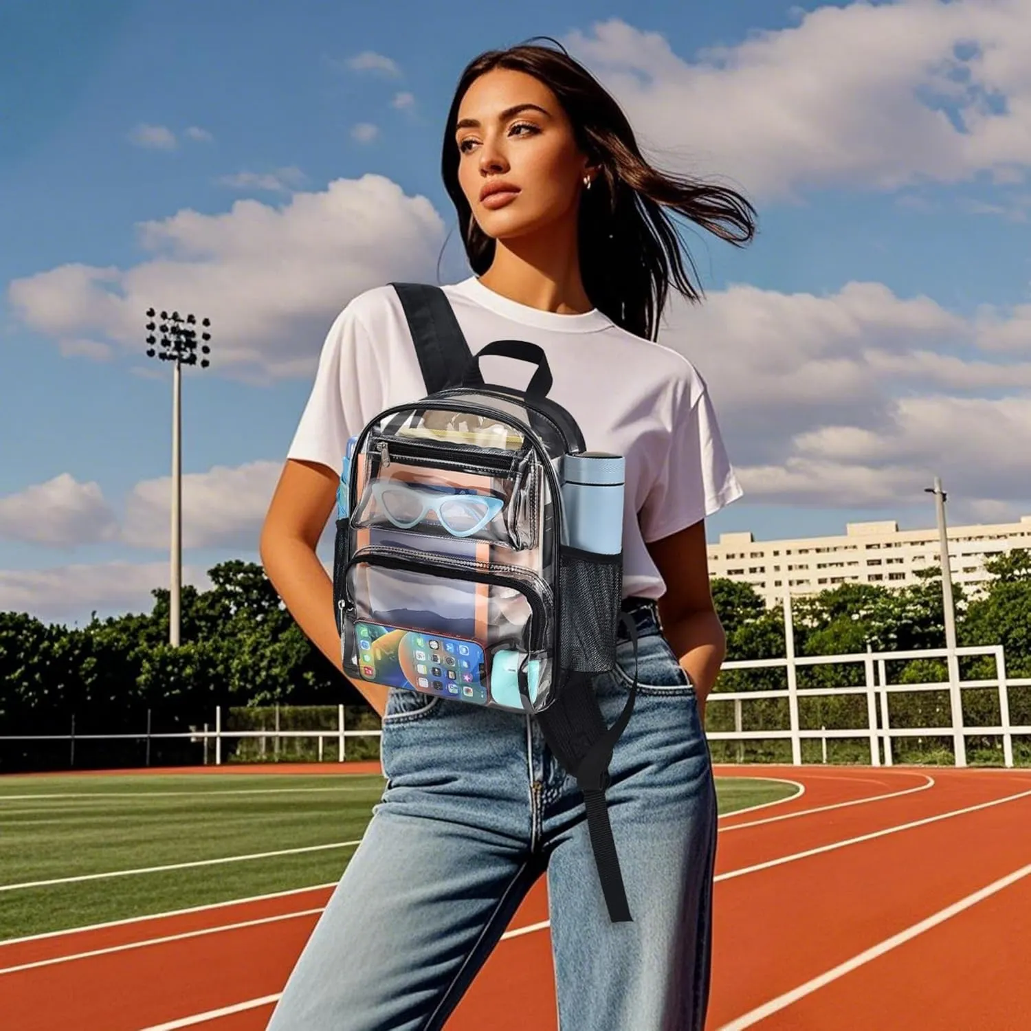 Bagenius Clear Backpack for Stadium Events 12x6x12 Clear Bag for Sports Concerts Work Travel, Black