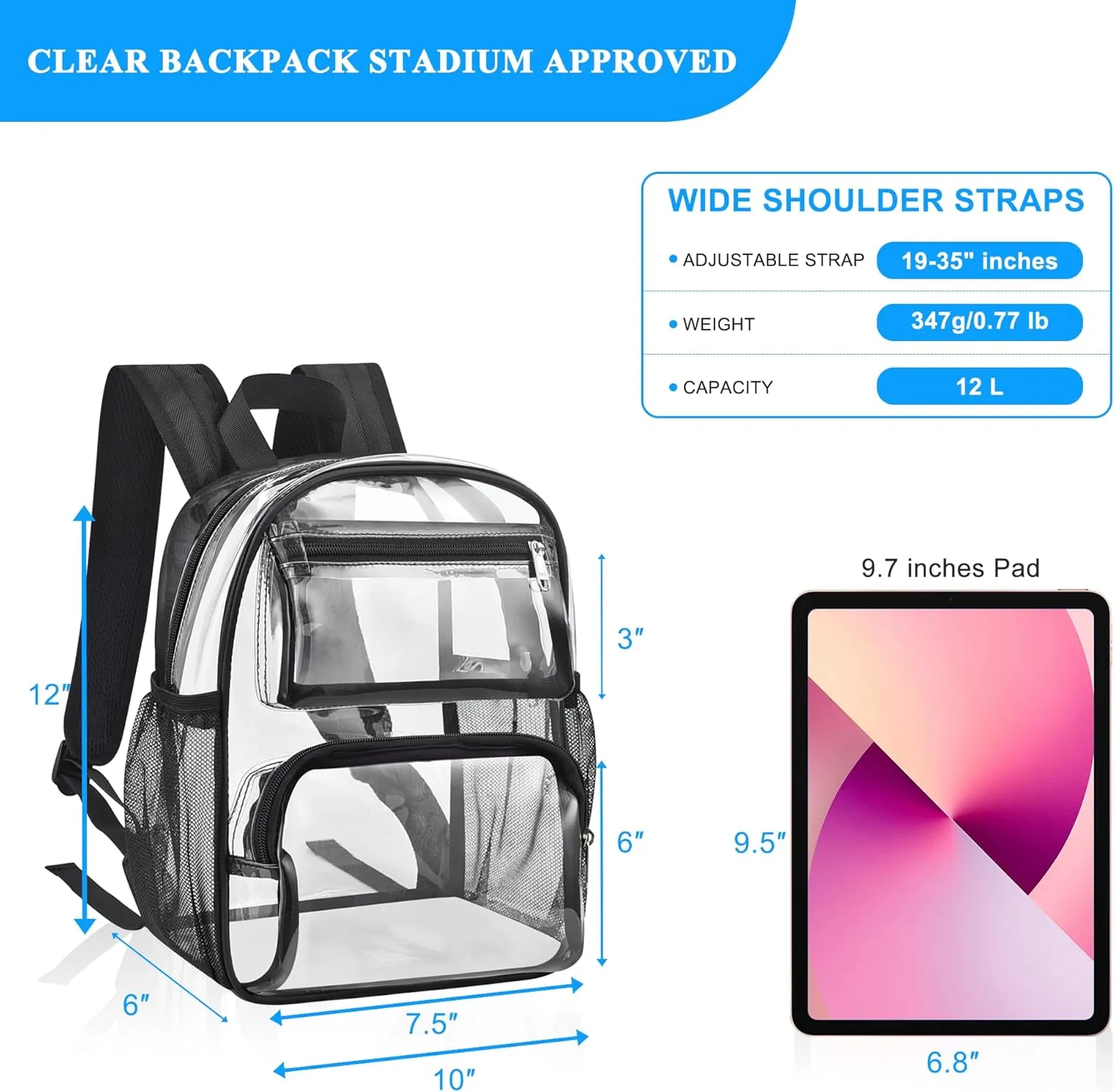 Bagenius Clear Backpack for Stadium Events 12x6x12 Clear Bag for Sports Concerts Work Travel, Black