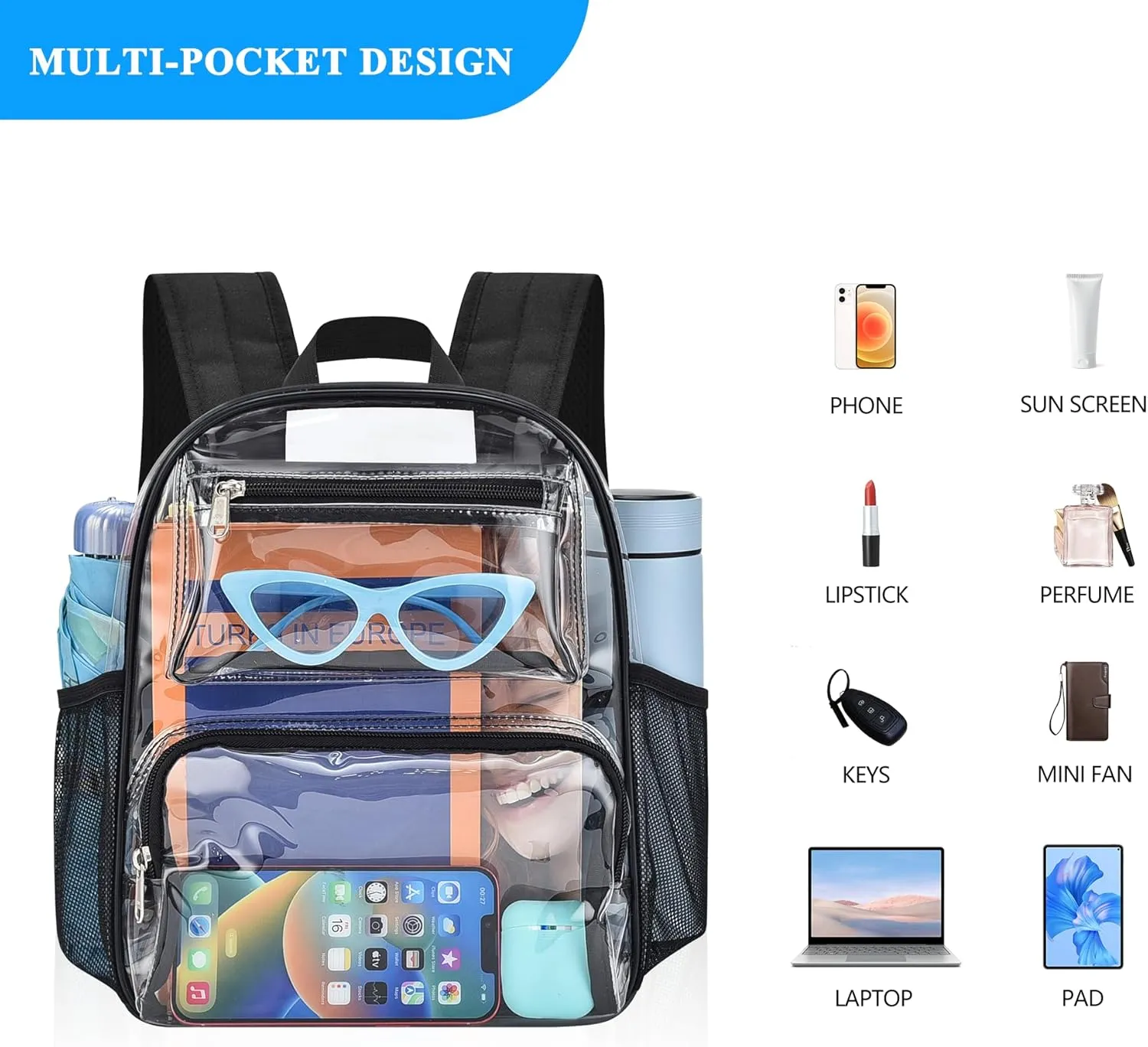 Bagenius Clear Backpack for Stadium Events 12x6x12 Clear Bag for Sports Concerts Work Travel, Black