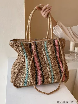 BagForLove - Summer Beach Travel Tote: Oversized Striped Paper Straw Bag, Ideal for Vacations