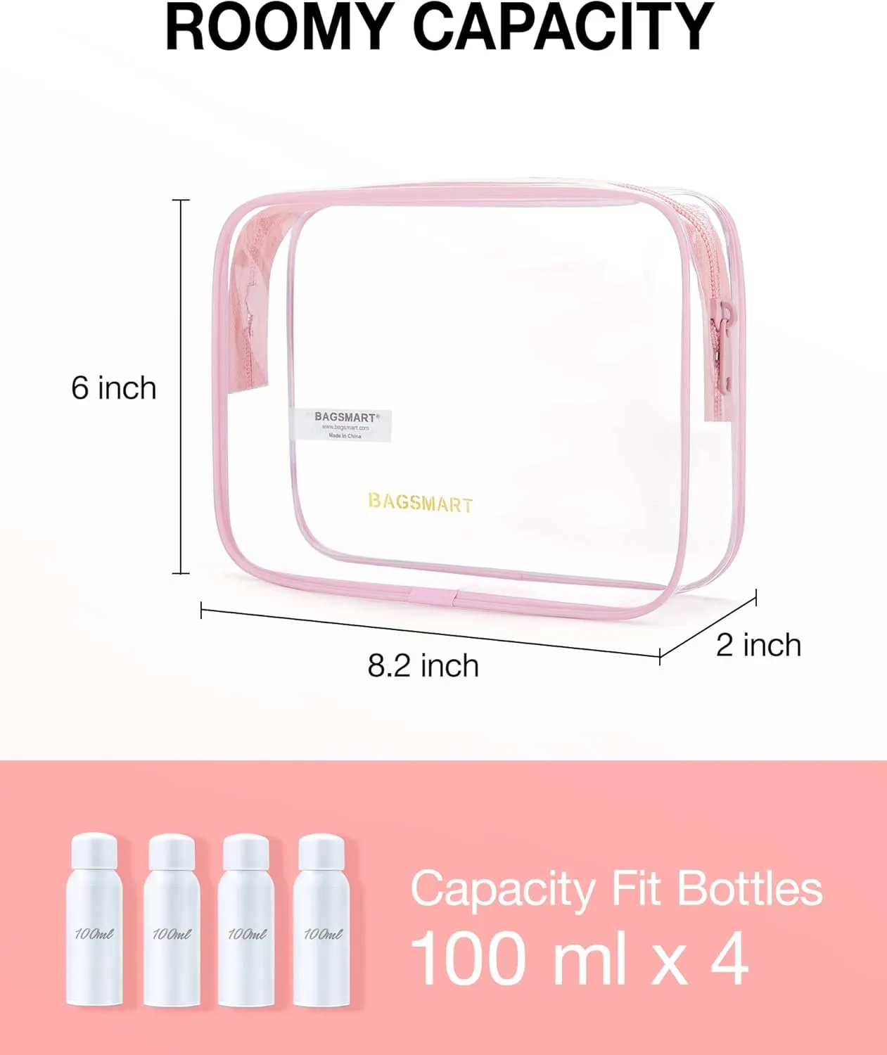 BAGSMART Clear Toiletry Bag, 2 Packs TSA Approved Water resistant Quart Size Travel Organizer, Airport Airline Travel Essential Carry On Makeup Cosmetic Bags for Women, Pink