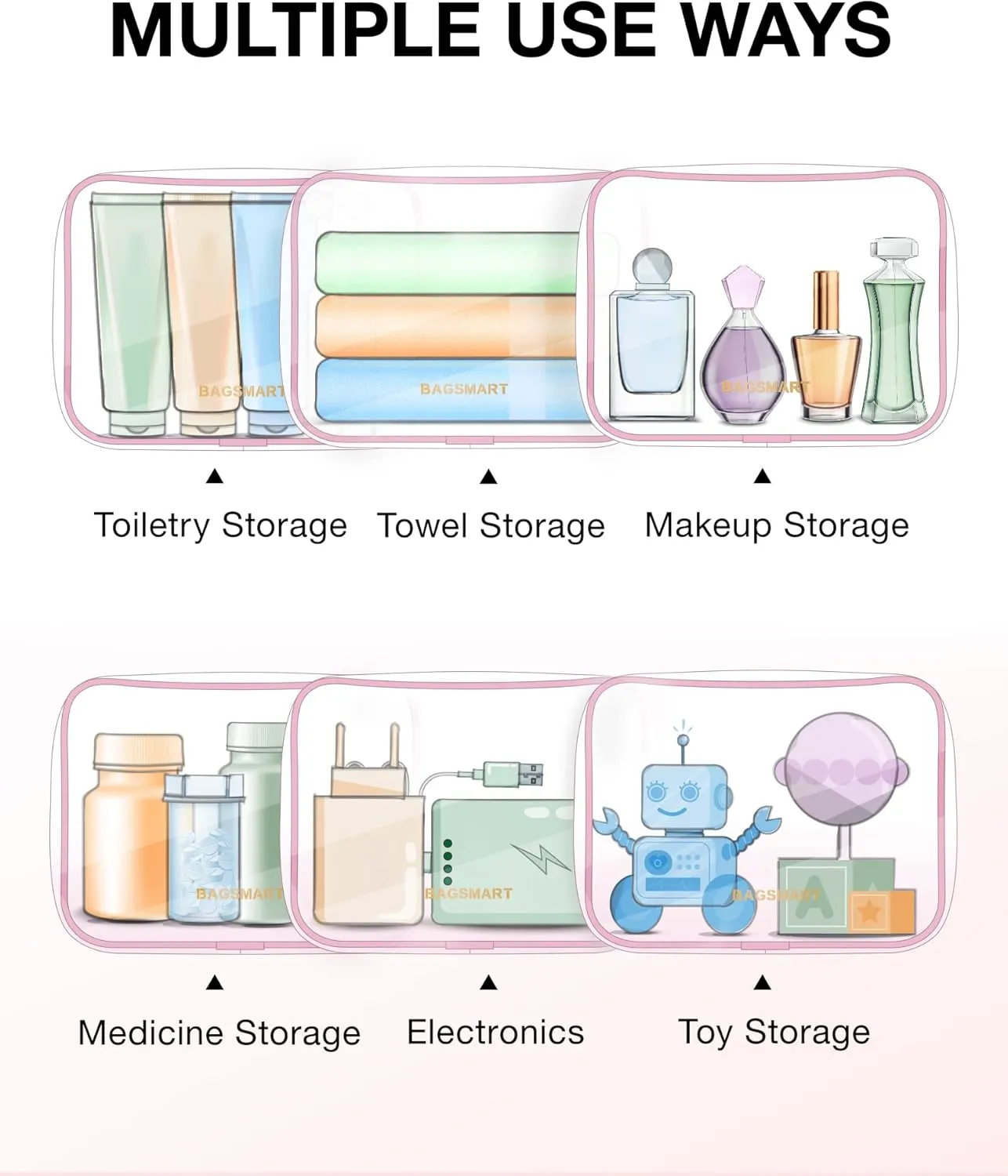 BAGSMART Clear Toiletry Bag, 2 Packs TSA Approved Water resistant Quart Size Travel Organizer, Airport Airline Travel Essential Carry On Makeup Cosmetic Bags for Women, Pink