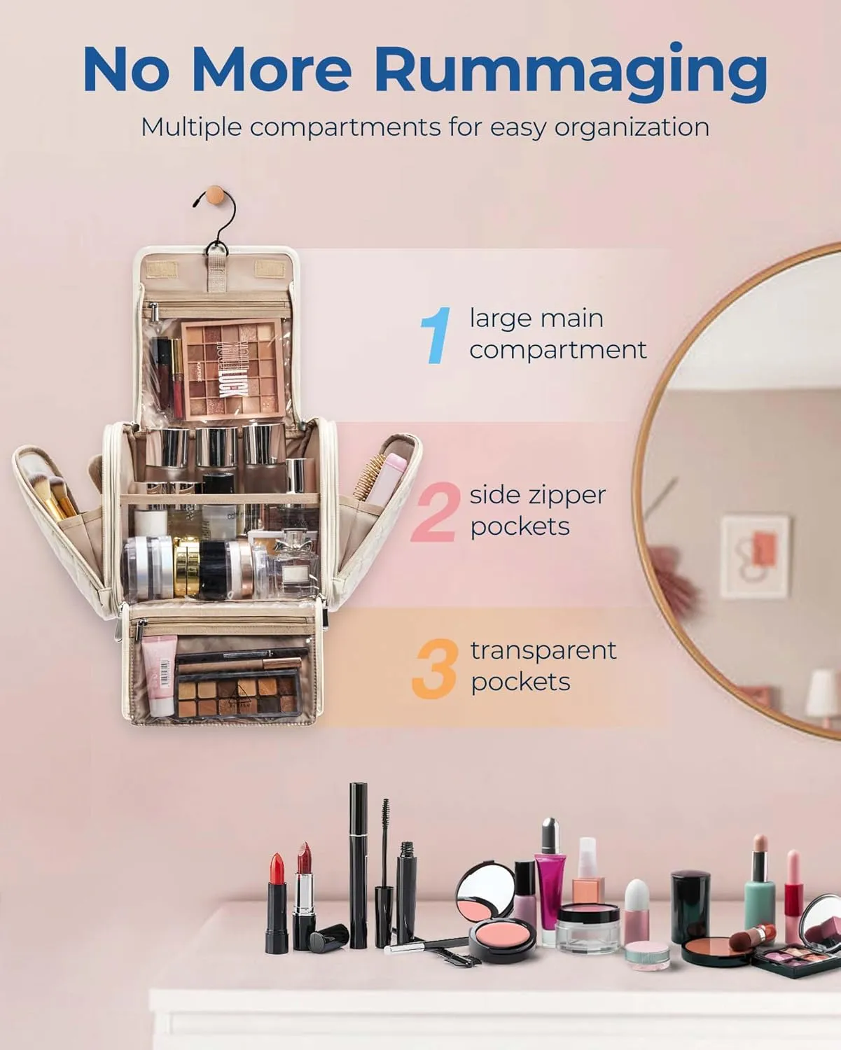 BAGSMART Makeup Bag for Women with Hanging Hook, Large Portable Capacity Water-resistant Organizer Travel Case for Toiletries and Cosmetics, Pink