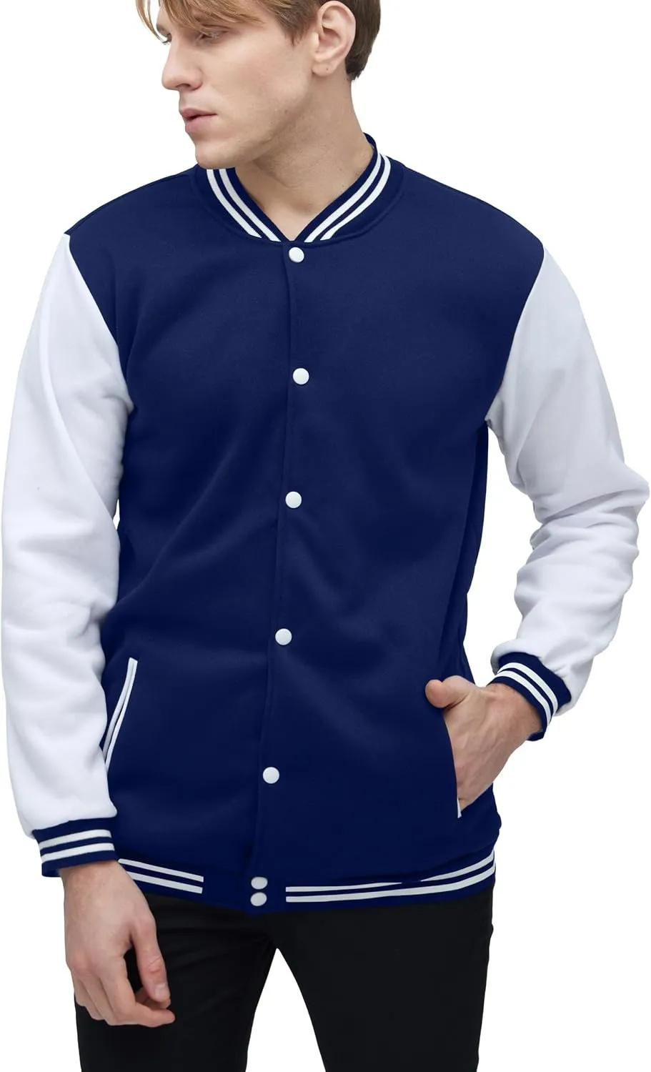 BAICAIYU Men's Baseball Varsity Jacket Hooded Button Closure Coat Fashion Leather Sleeve Letterman Bomber Top